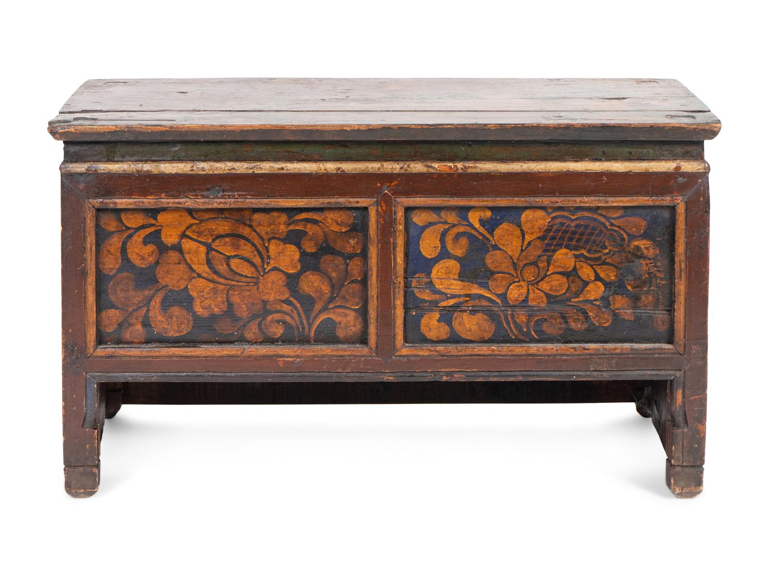 A Tibetan Painted Wood Bench/Storage Cabinet — 19TH CENTURY