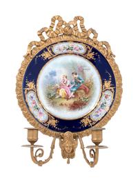 A Sèvres Style Gilt Bronze Mounted Porcelain Two-Light Wall Sconce