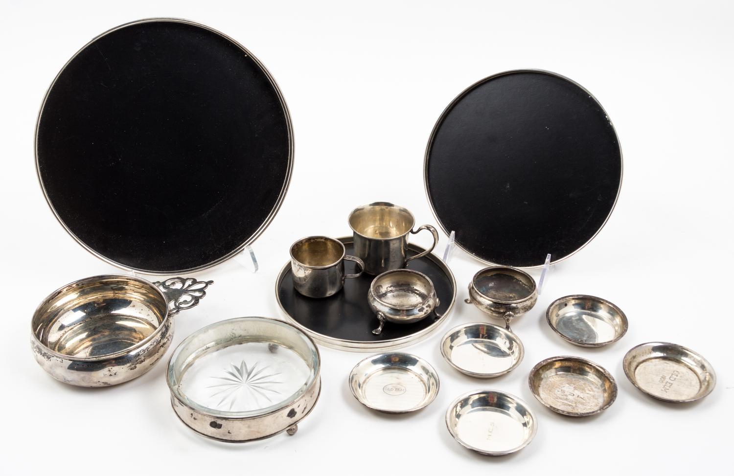 A Collection of American Silver Articles, 20TH CENTURY, comprising three Gorham ebonized trays with silver rims, two child's cups, a Lu