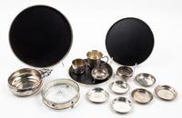 A Collection of American Silver Articles, 20TH CENTURY, comprising three Gorham ebonized trays with silver rims, two child's cups, a Lu