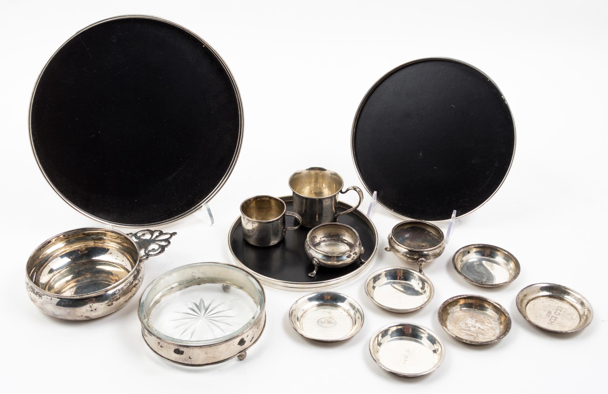 A Collection of American Silver Articles, 20TH CENTURY, comprising three Gorham ebonized trays with silver rims, two child's cups, a Lu