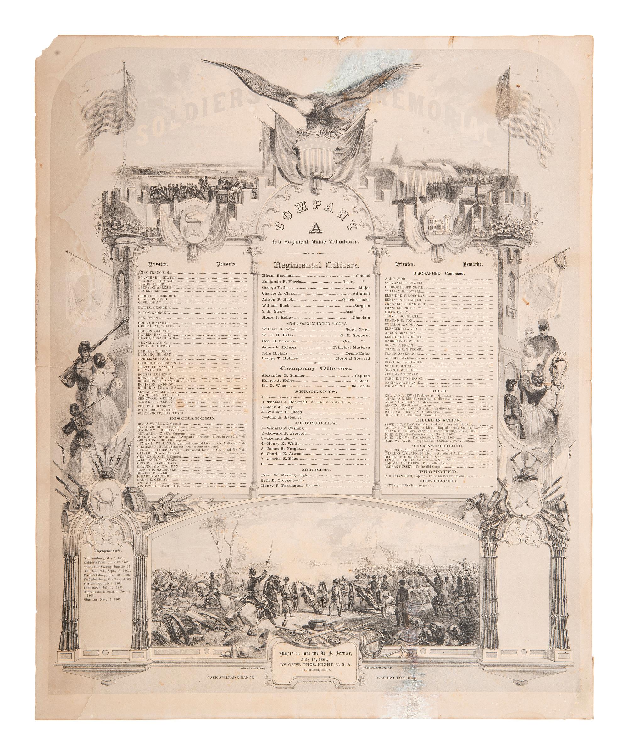 [CIVIL WAR]. Soldiers' Memorial lithograph for the 6th Regiment of Maine Volunteers, Company A.