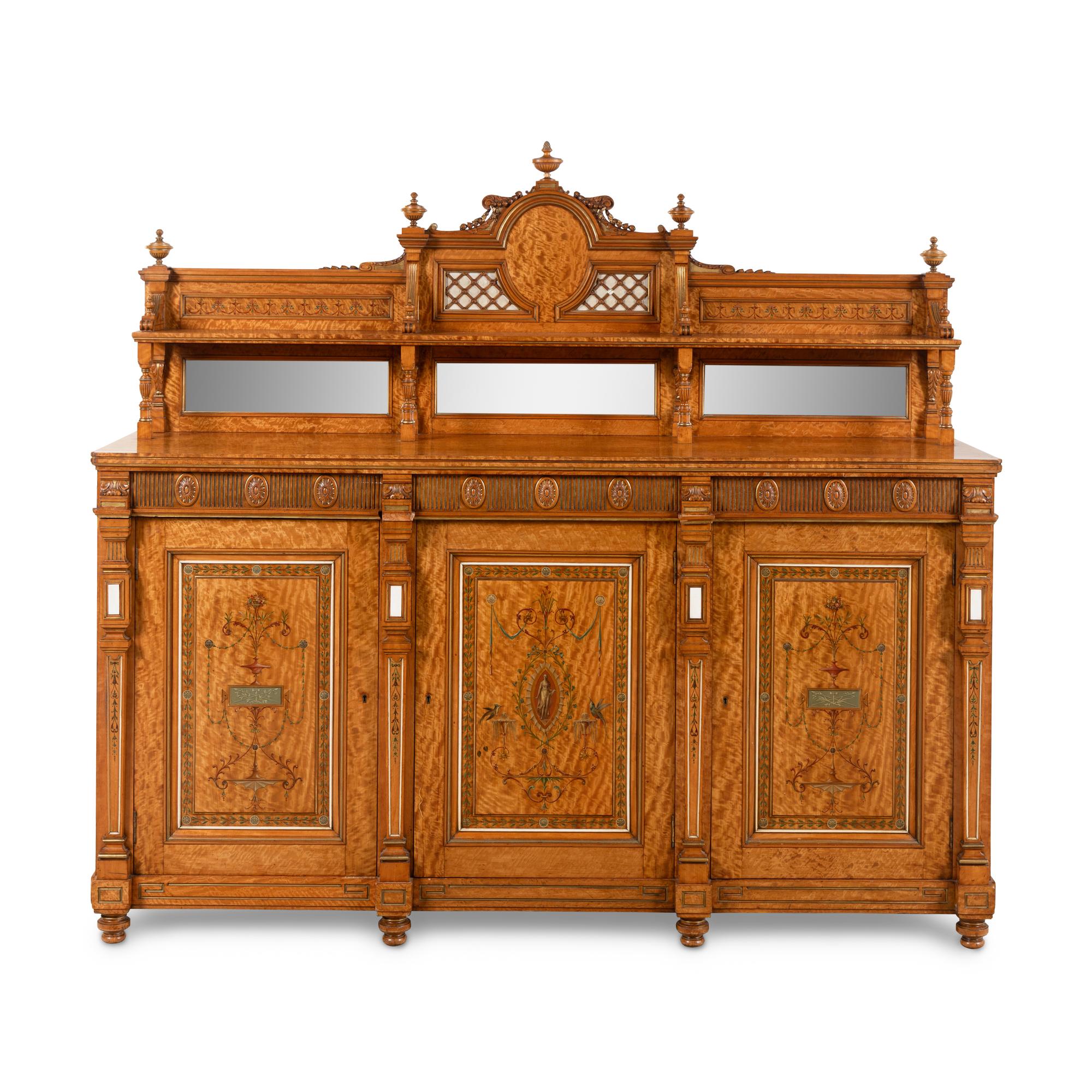 A Fine Edwardian Satinwood, Polychrome Painted and Parcel Gilt Serving Cabinet