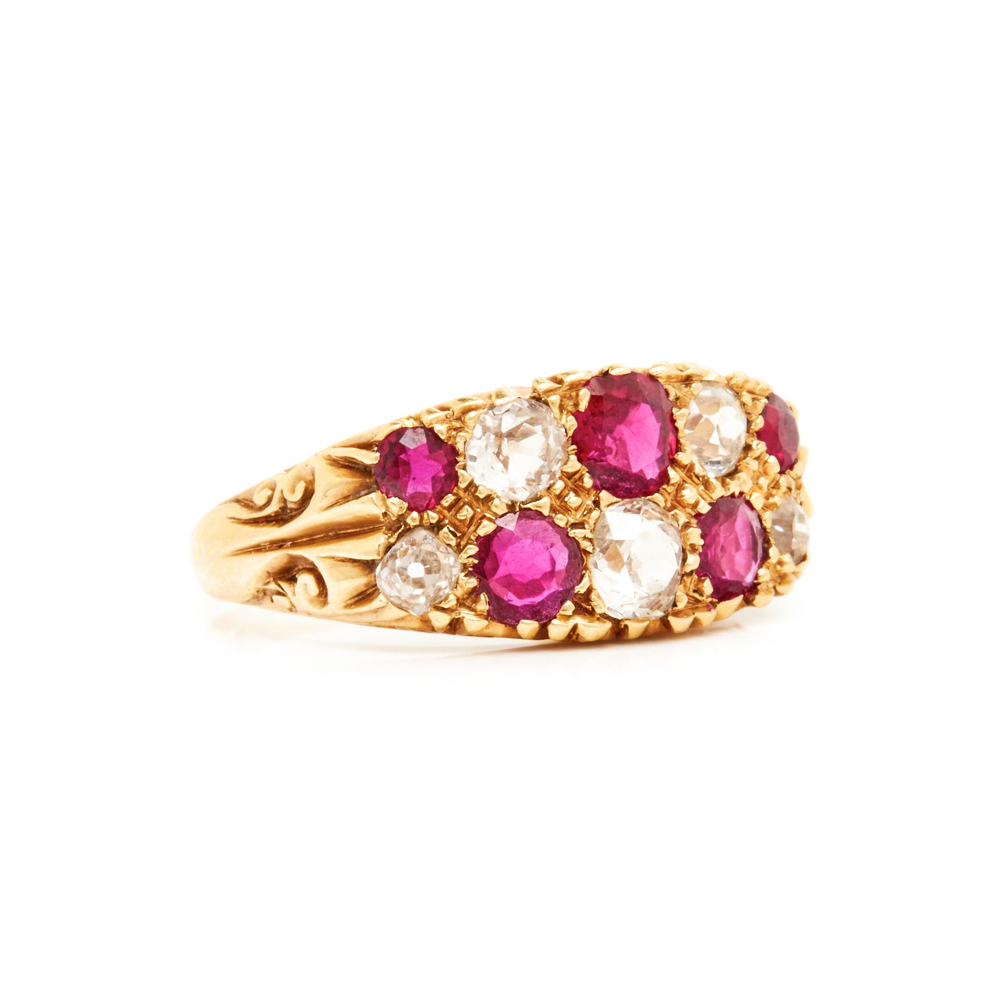 DIAMOND, SYNTHETIC RUBY AND YELLOW GOLD RING
