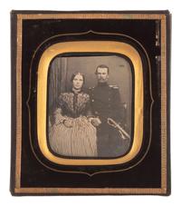 [EARLY PHOTOGRAPHY] -- [MILITARIA]. Sixth plate daguerreotype portrait of a German soldier and his wife.