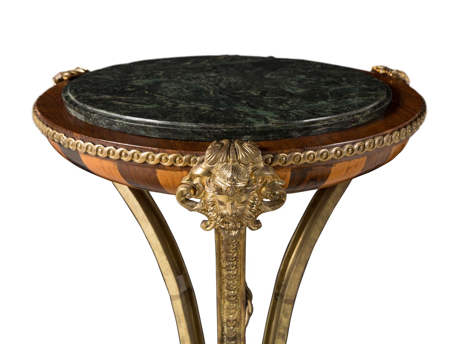 A Pair of Louis XVI Style Gilt Bronze Mounted Fruitwood Marble-Top Pedestal Tables