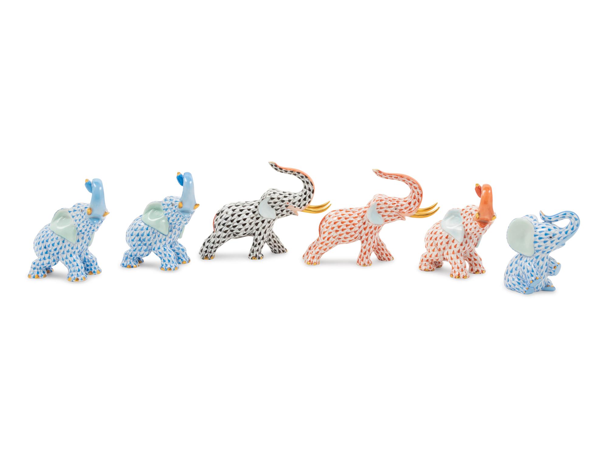 Six Herend Painted and Parcel Gilt Porcelain Elephant Figures
