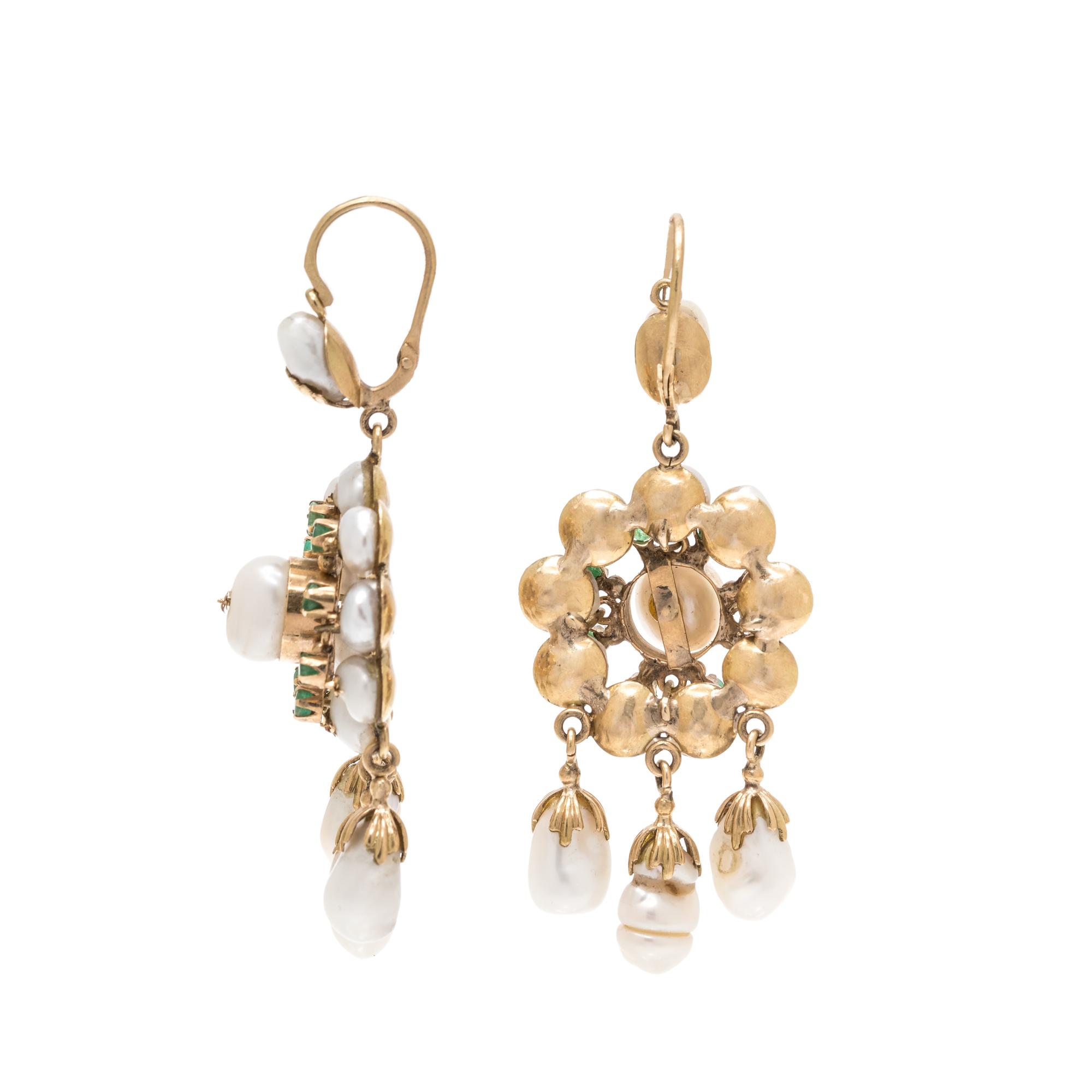 CULTURED PEARL AND EMERALD DROP EARRINGS