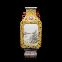 A Chinese Yellow Ground Famille Rose Porcelain 'Landscape' Square Vase, Early-Mid 20th Century — 近代 黃地粉彩纏枝蓮紋開光山水圖雙耳方瓶