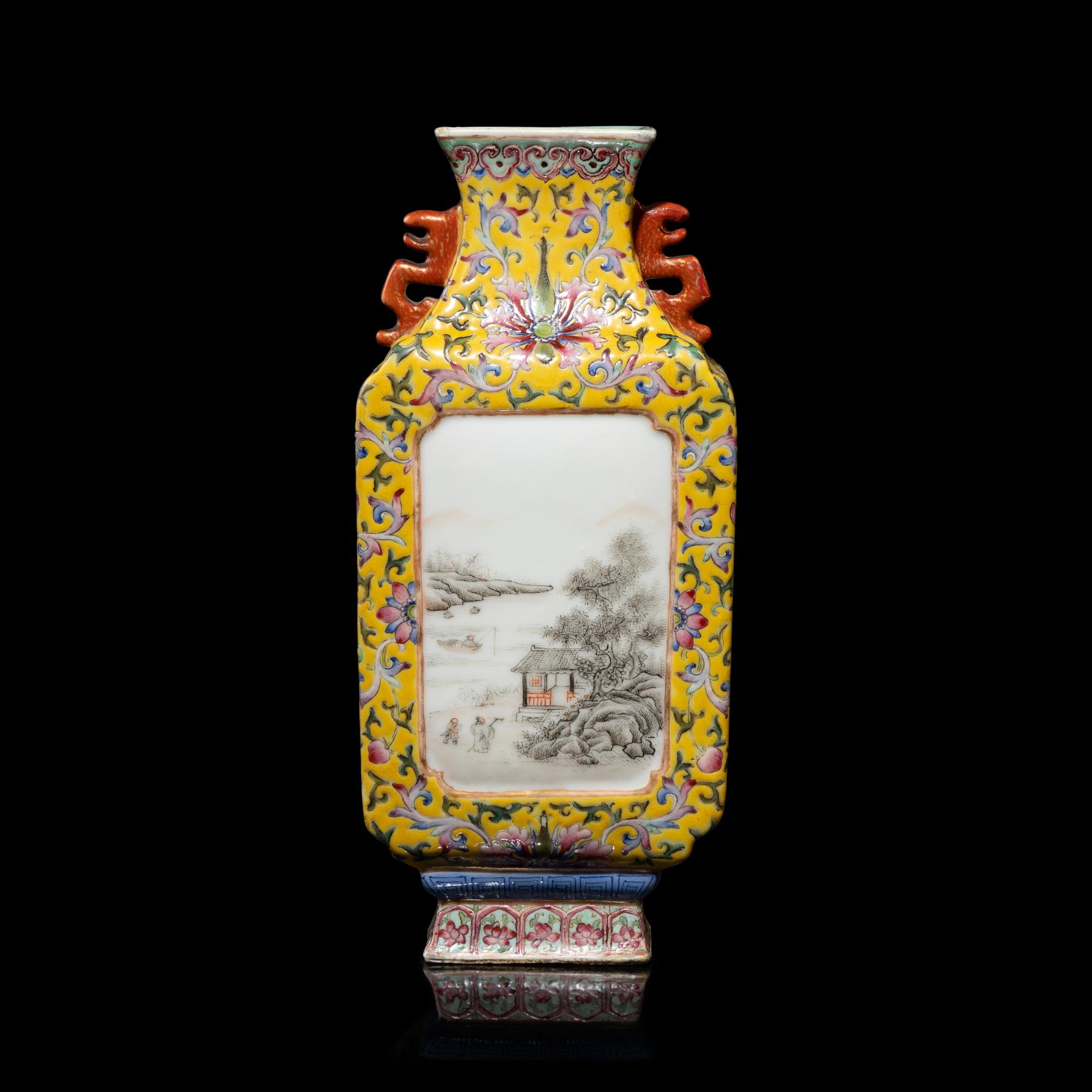 A Chinese Yellow Ground Famille Rose Porcelain 'Landscape' Square Vase, Early-Mid 20th Century — 近代 黃地粉彩纏枝蓮紋開光山水圖雙耳方瓶