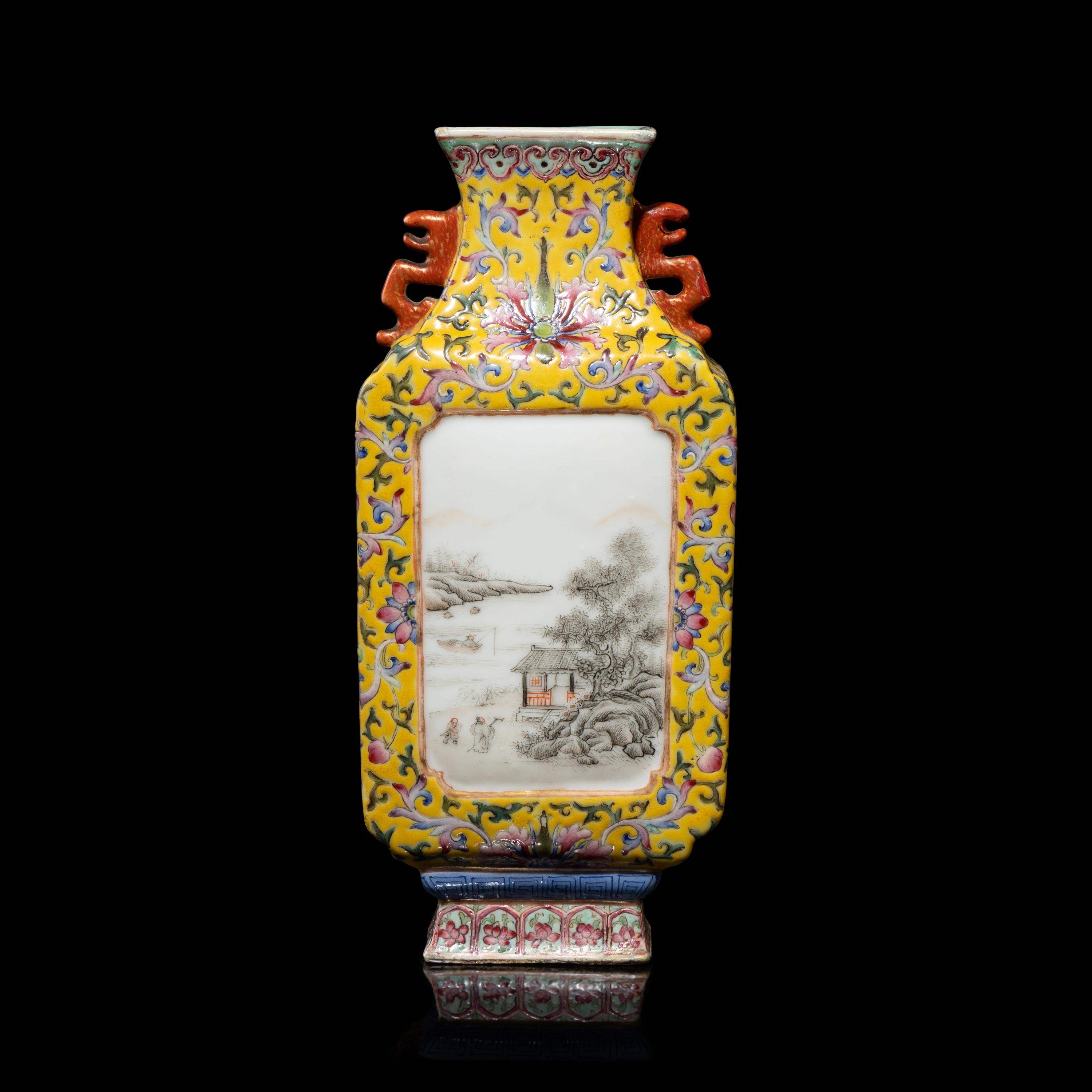 A Chinese Yellow Ground Famille Rose Porcelain 'Landscape' Square Vase, Early-Mid 20th Century — 近代 黃地粉彩纏枝蓮紋開光山水圖雙耳方瓶