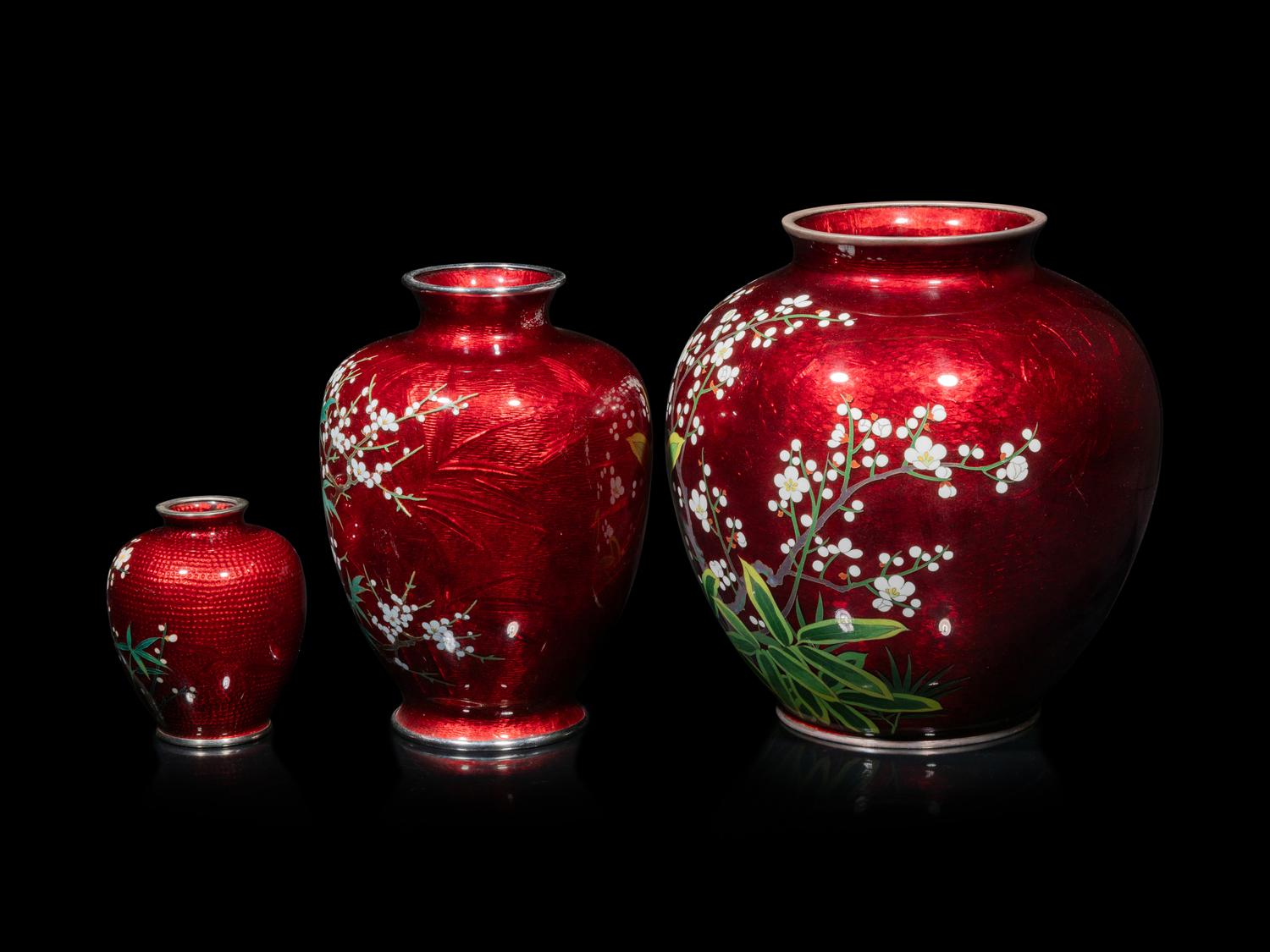 Three Japanese Red Ground Cloisonné Jars