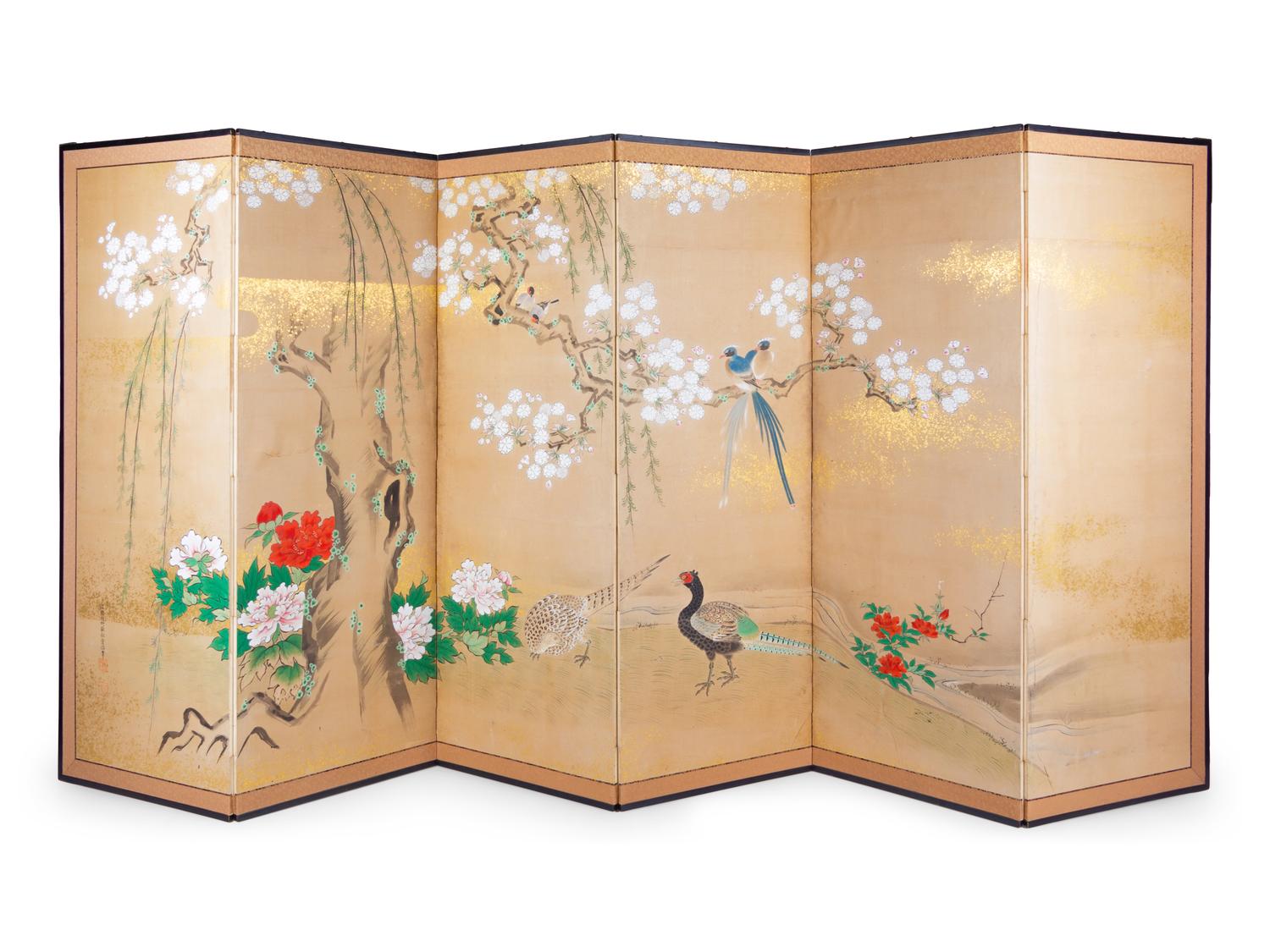 A Japanese Painted Paper Six-Panel Screen