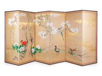 A Japanese Painted Paper Six-Panel Screen