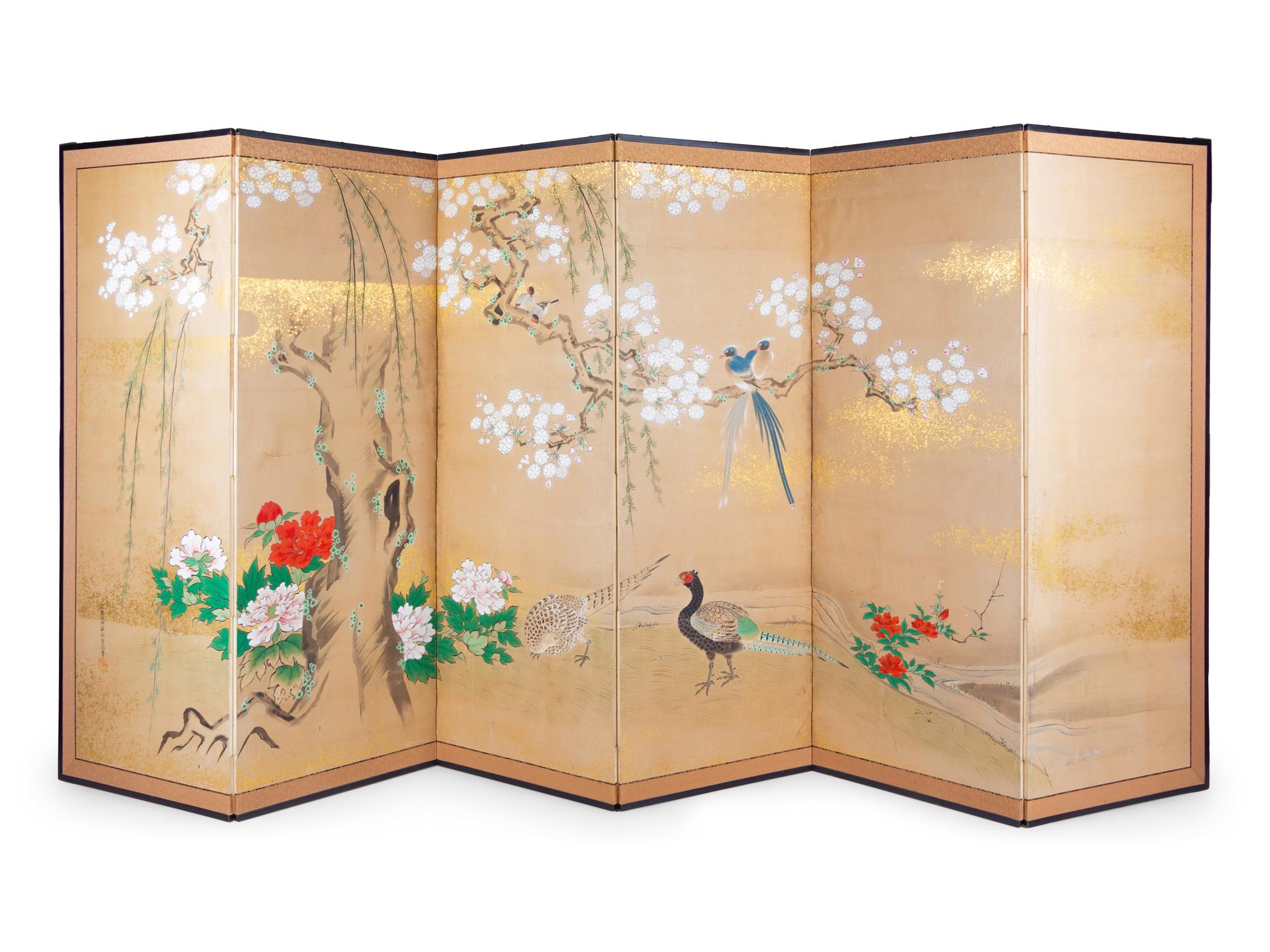 A Japanese Painted Paper Six-Panel Screen