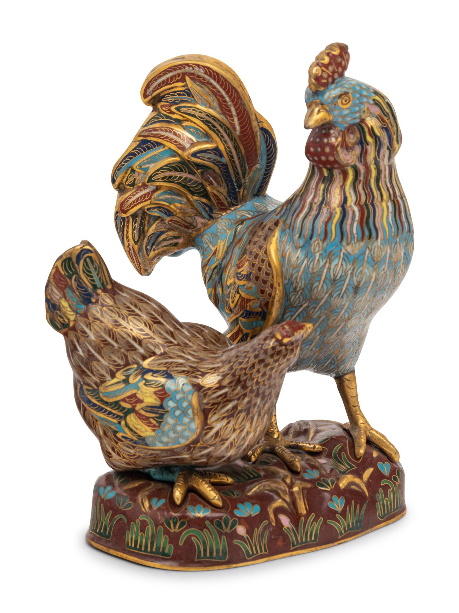 A Chinese Cloisonne Enamel 'Rooster' Group