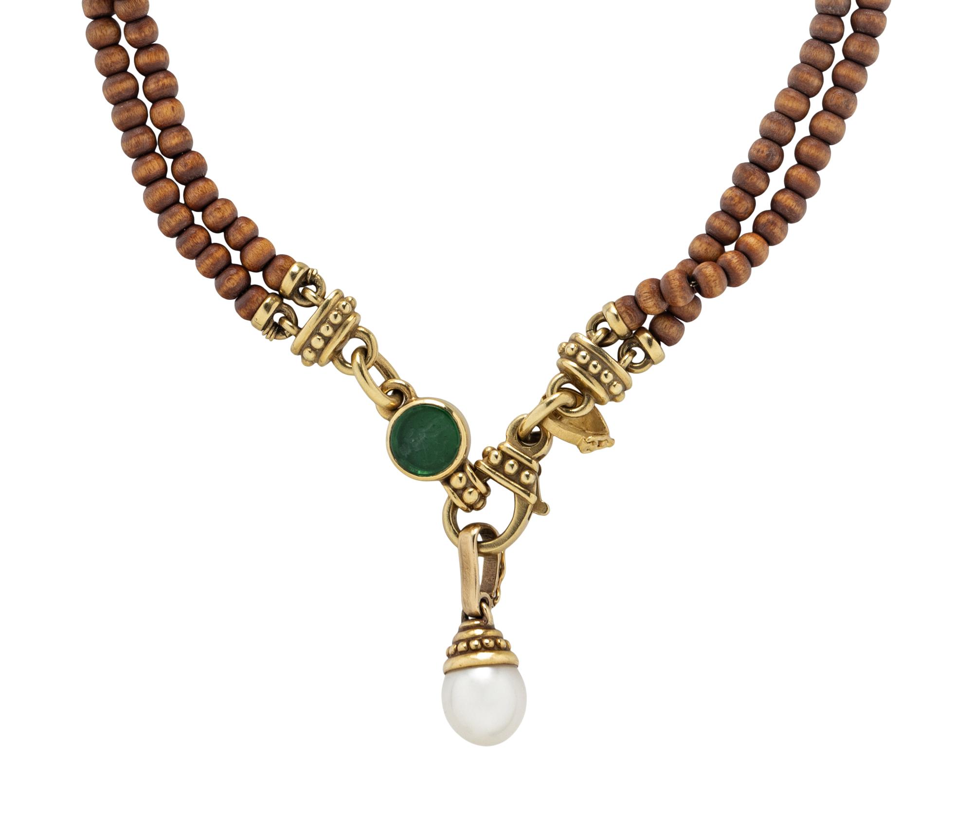 WOOD BEAD, CULTURED, PEARL, AND YELLOW GOLD NECKLACE
