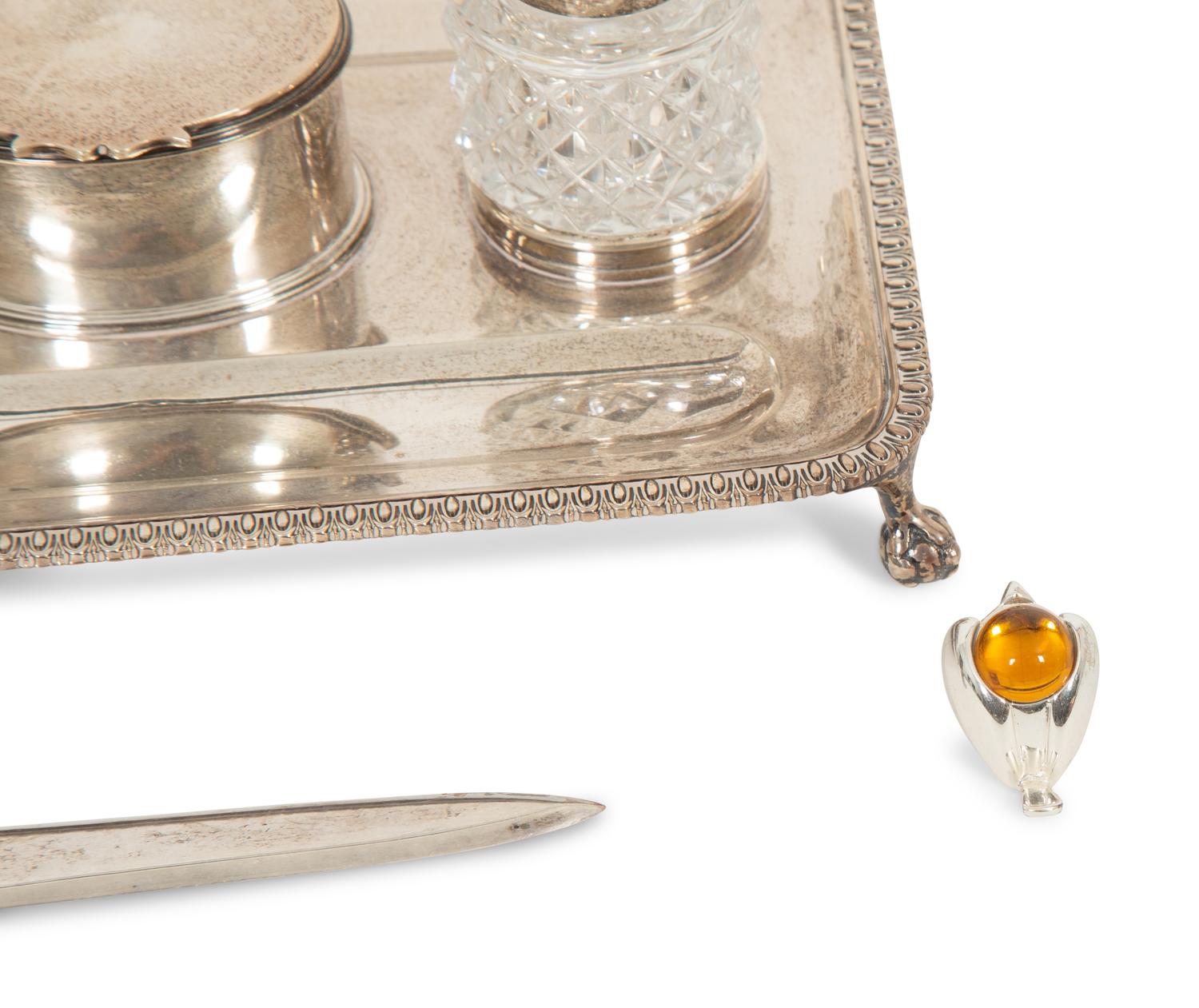 A English Silver Standish with a Buccellati Silver Letter Opener