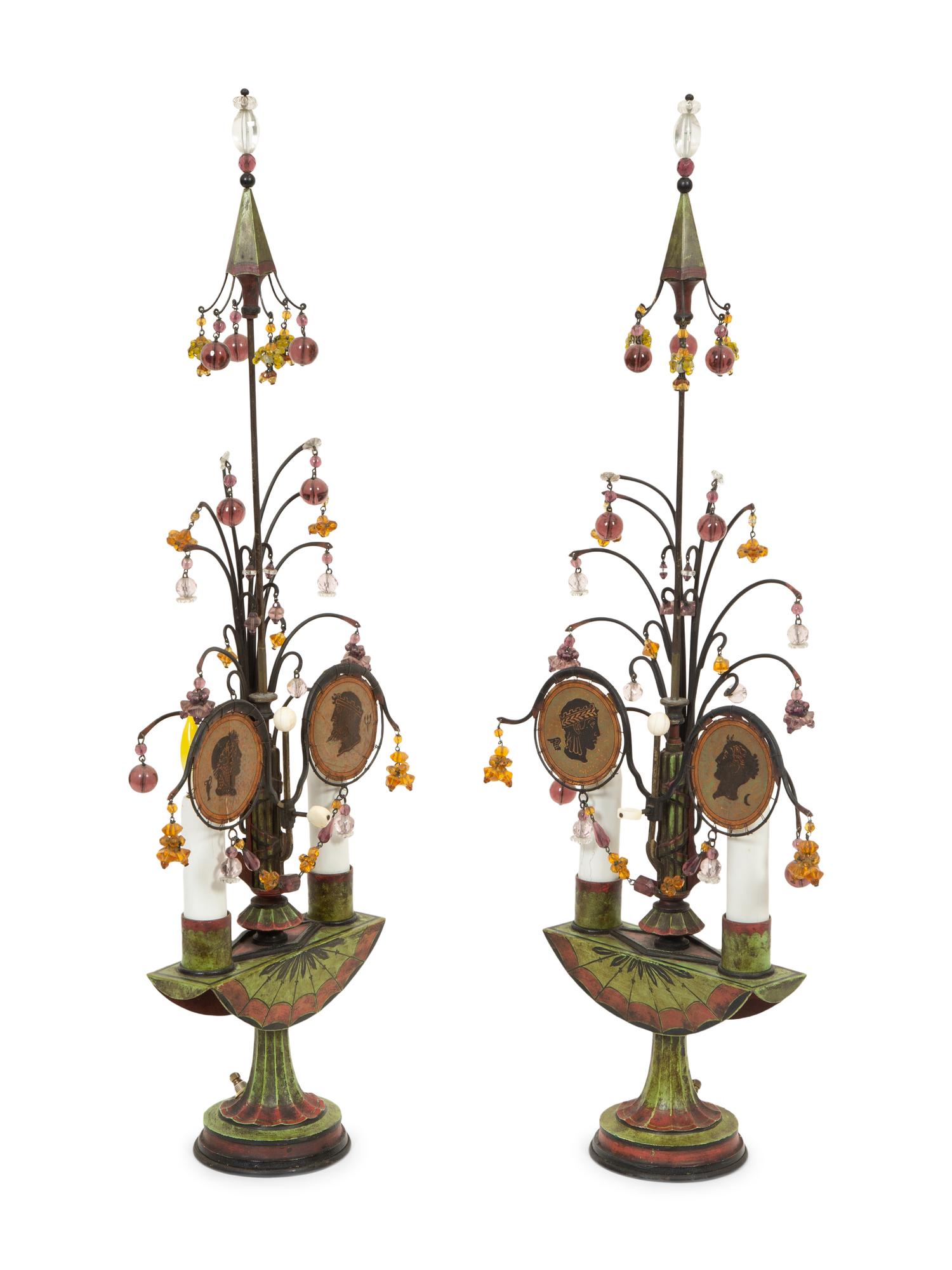 A Pair of Tole Peinte Two-Light Candelabra