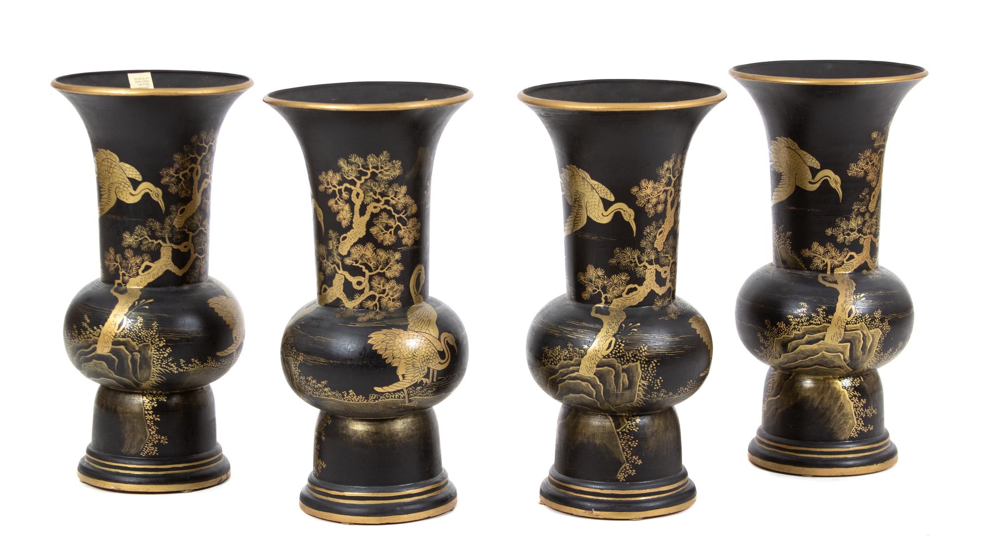 Four Chinoiserie Style Faux Lacquer Terracotta Vases Height 17 1/2 inches. — THOMAS N. MORGAN, LOS ANGELES, CA, 20TH CENTURY