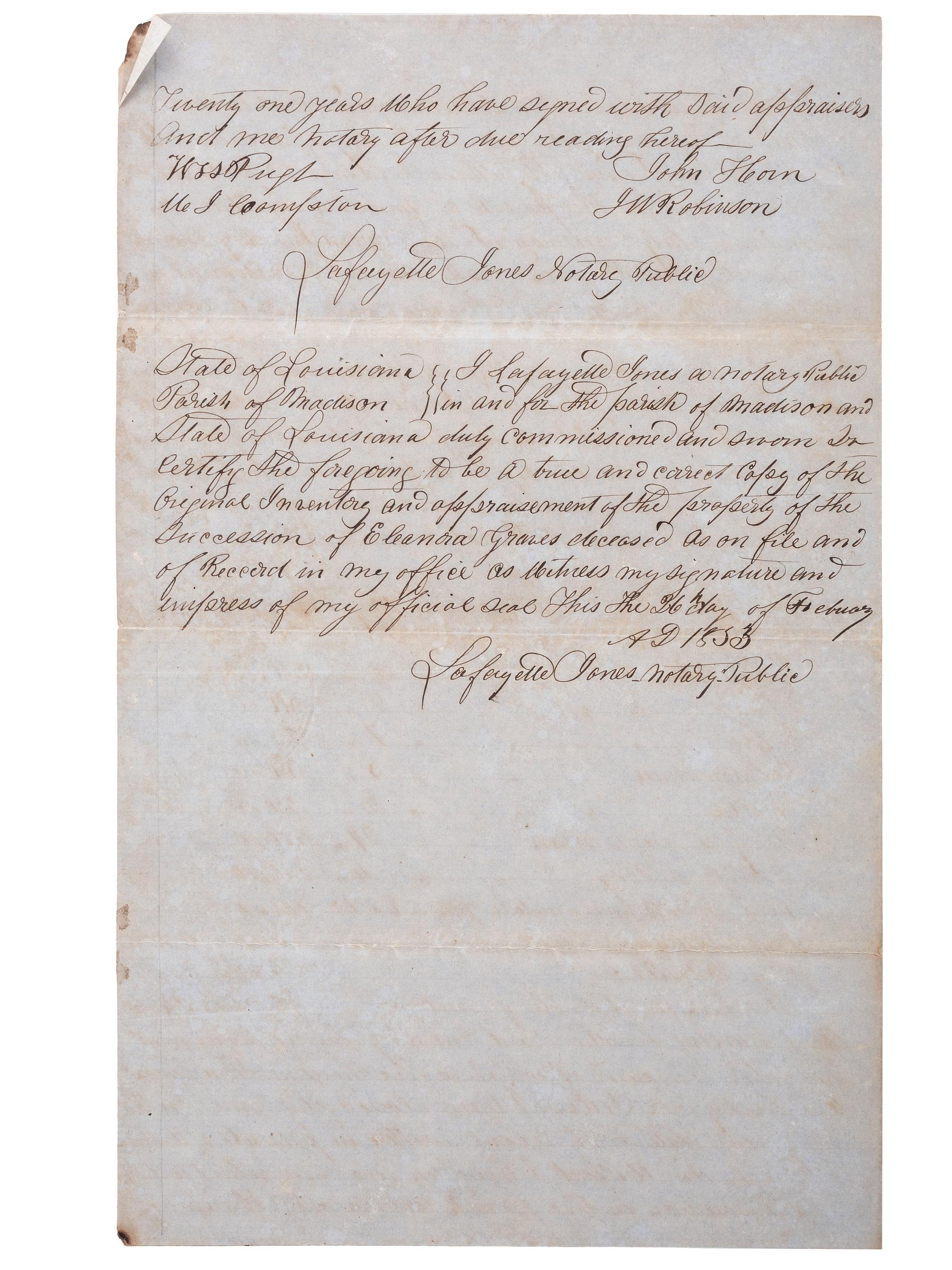 [SLAVERY & ABOLITION]. A group of 2 documents related to the enslavement of individuals in Louisiana, comprising: