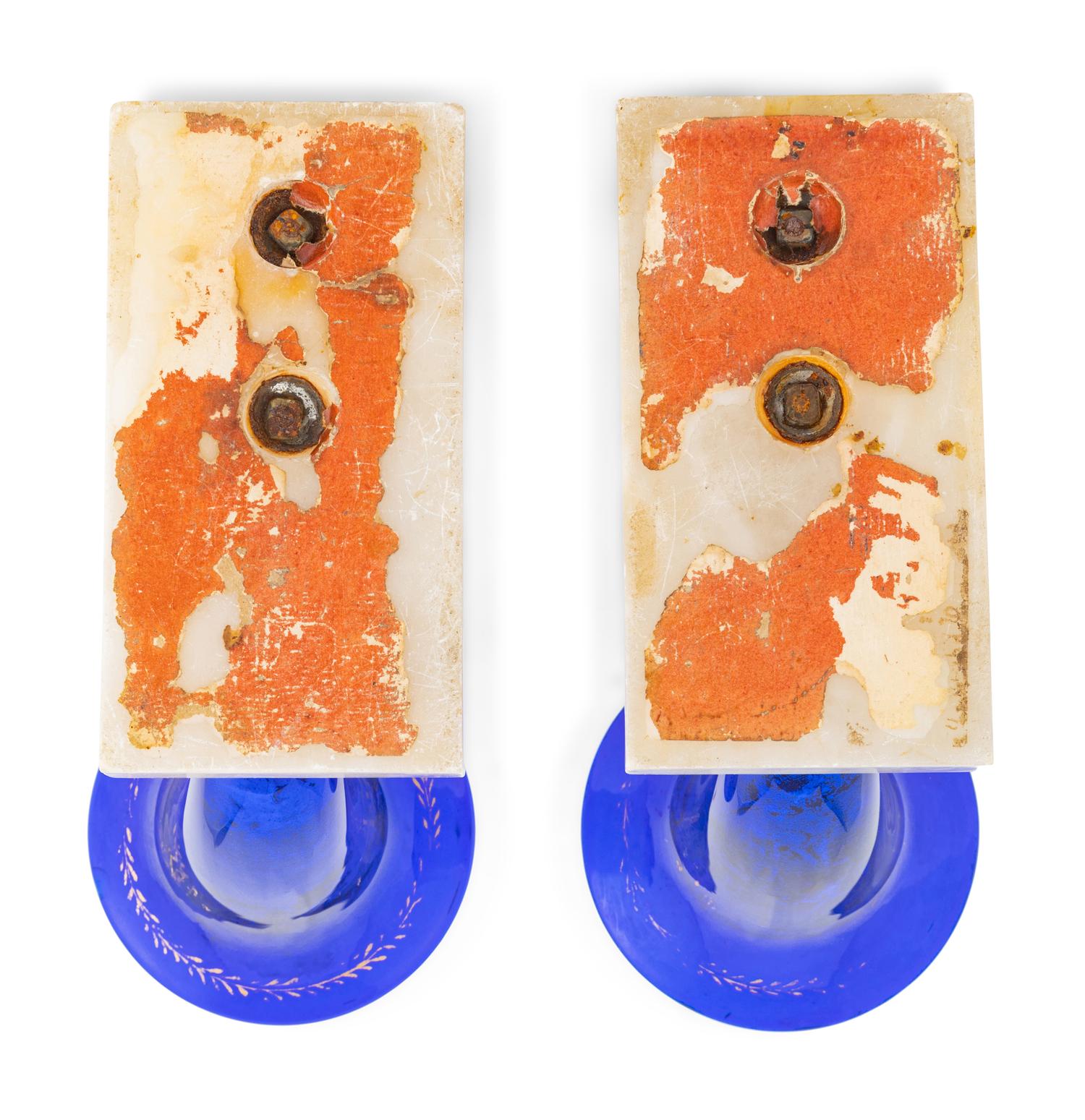 A Pair of English Brass, Glass and Marble Cornucopia Vases