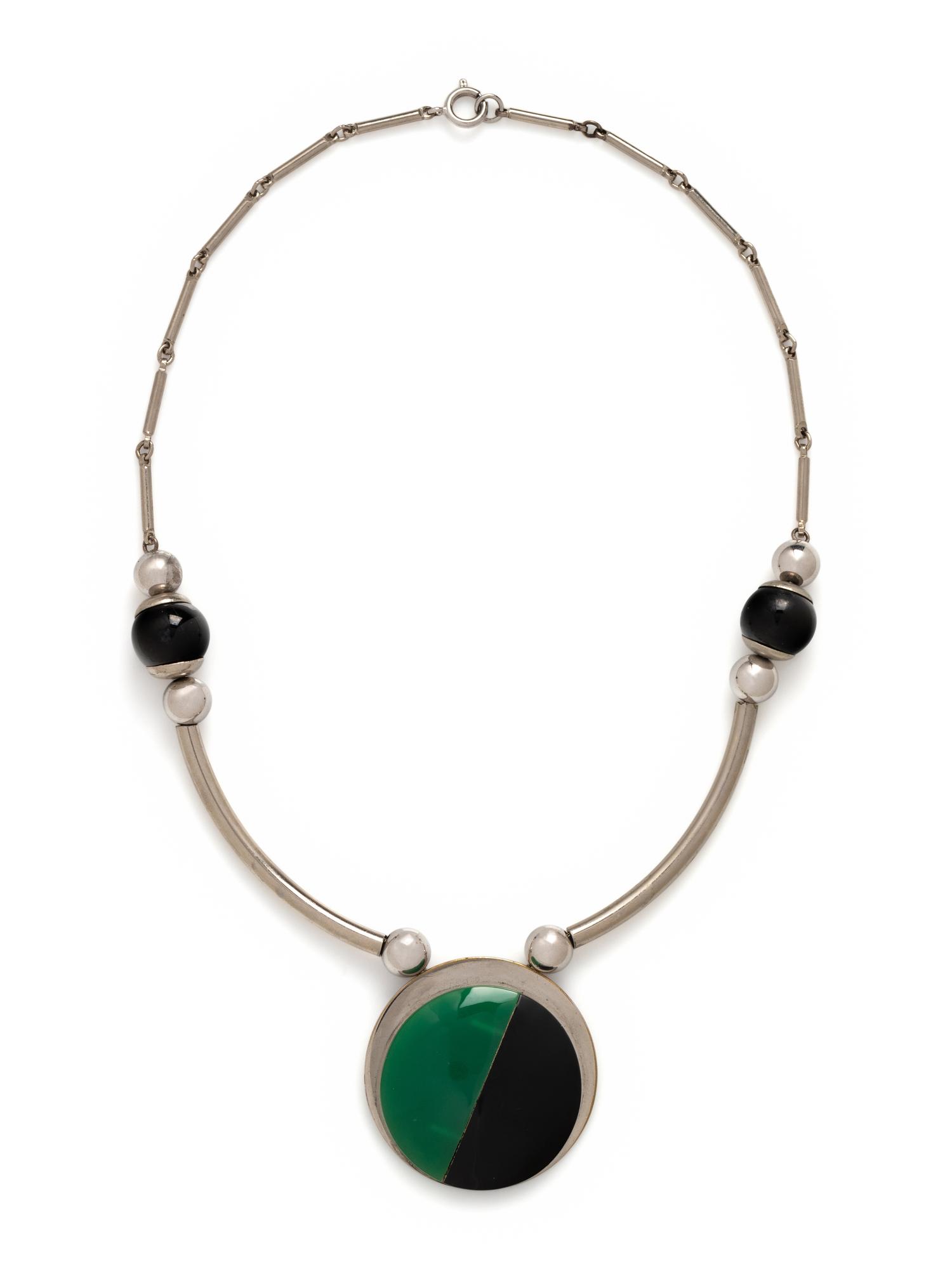 ART DECO, CHROME-PLATED BRASS AND GALALITH NECKLACE