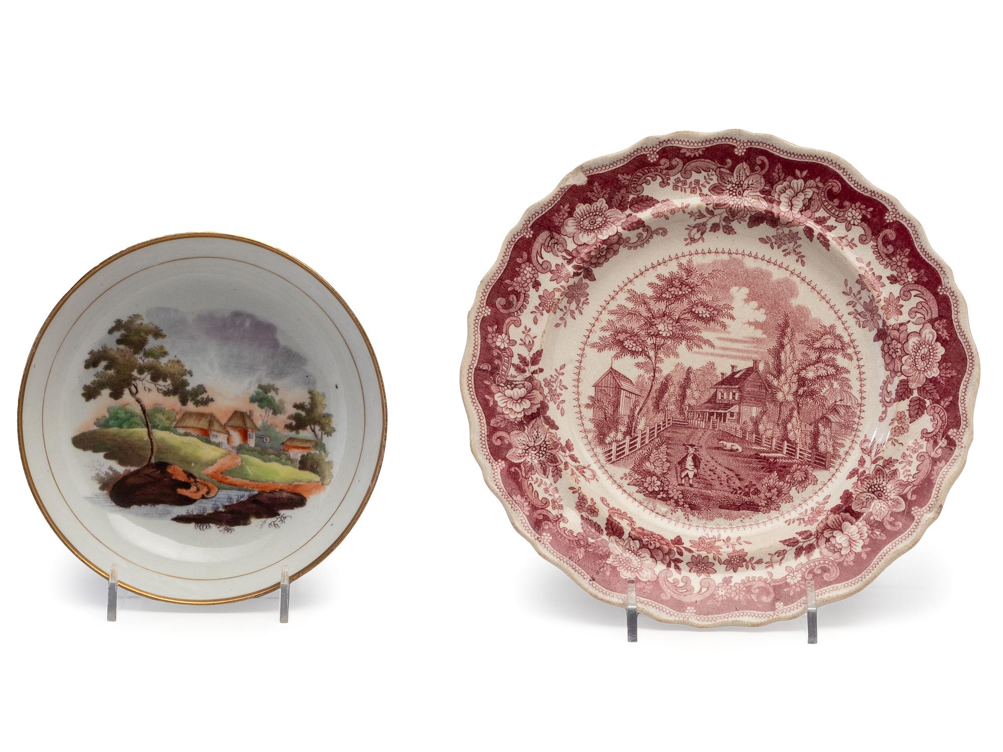 Four Painted Porcelain Articles and a Transferware Plate