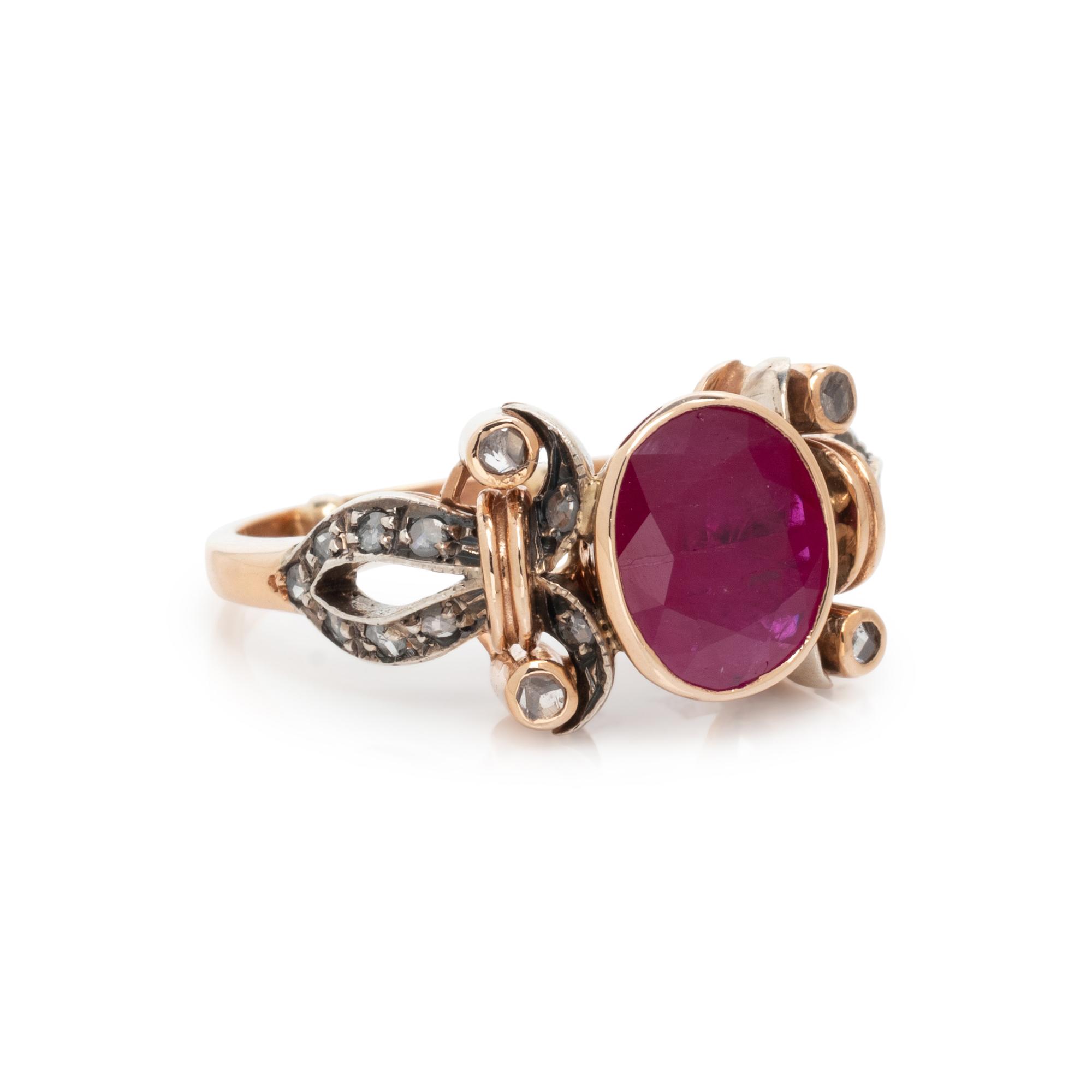 SILVER-TOPPED GOLD, RUBY AND DIAMOND RING