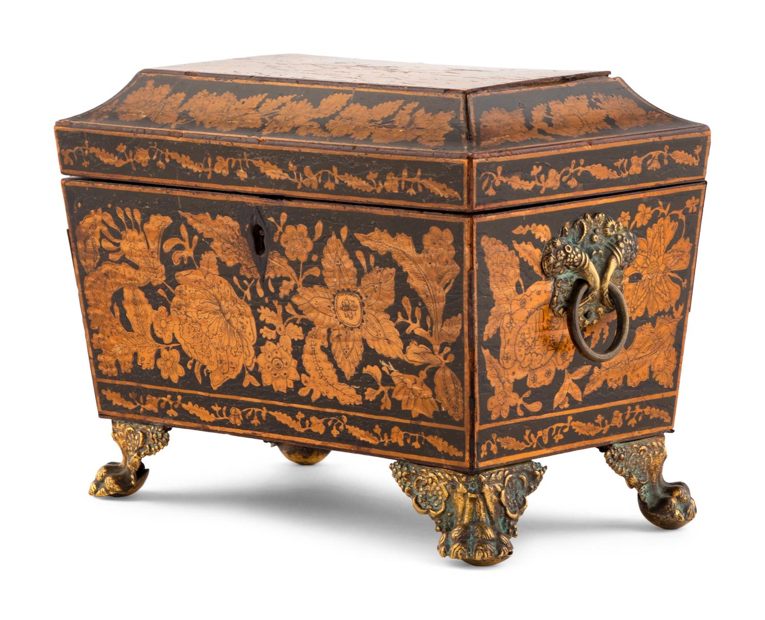 An English Penwork Decorated Tea Caddy