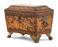 An English Penwork Decorated Tea Caddy