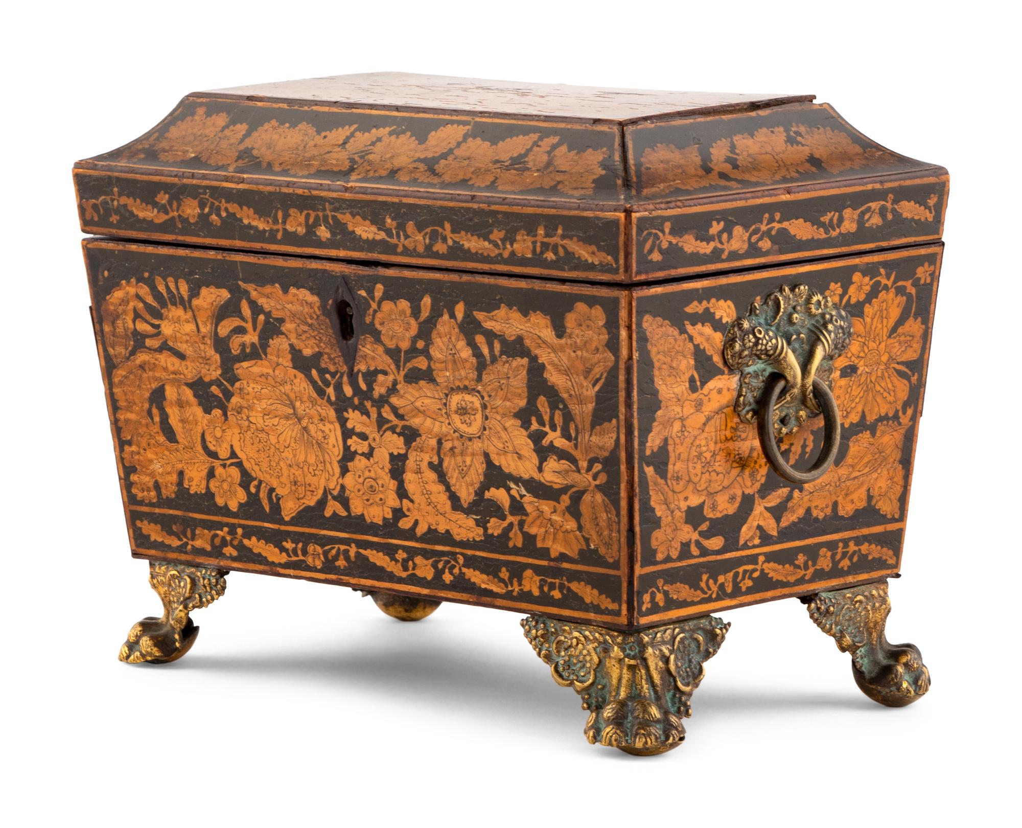 An English Penwork Decorated Tea Caddy