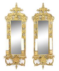 A Pair of Neoclassical Gilt Metal Two-Light Girandole Mirrors Height 23 1/4 x width 7 1/2 inches. — LATE 19TH/EARLY 20TH CENTURY