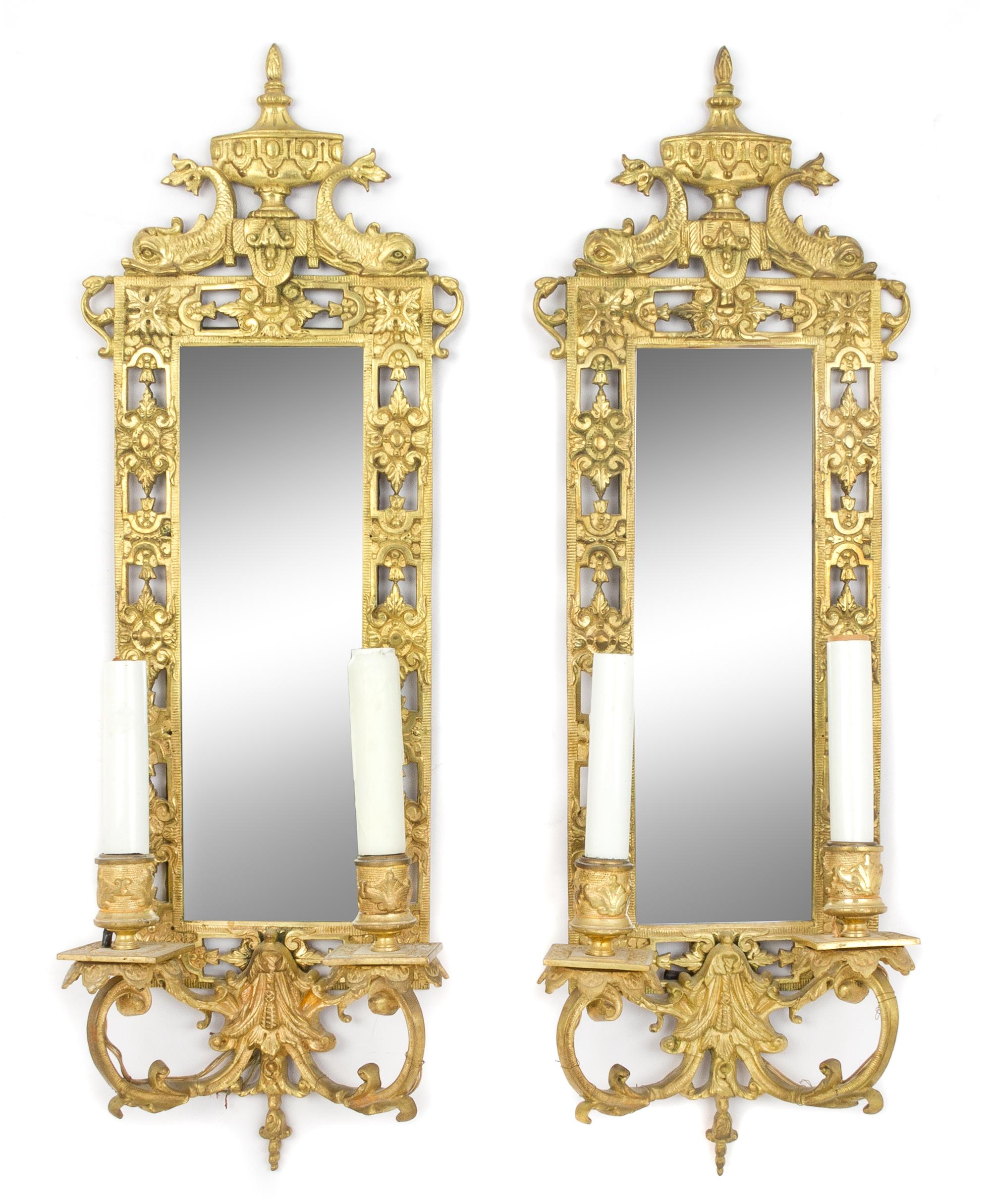 A Pair of Neoclassical Gilt Metal Two-Light Girandole Mirrors Height 23 1/4 x width 7 1/2 inches. — LATE 19TH/EARLY 20TH CENTURY