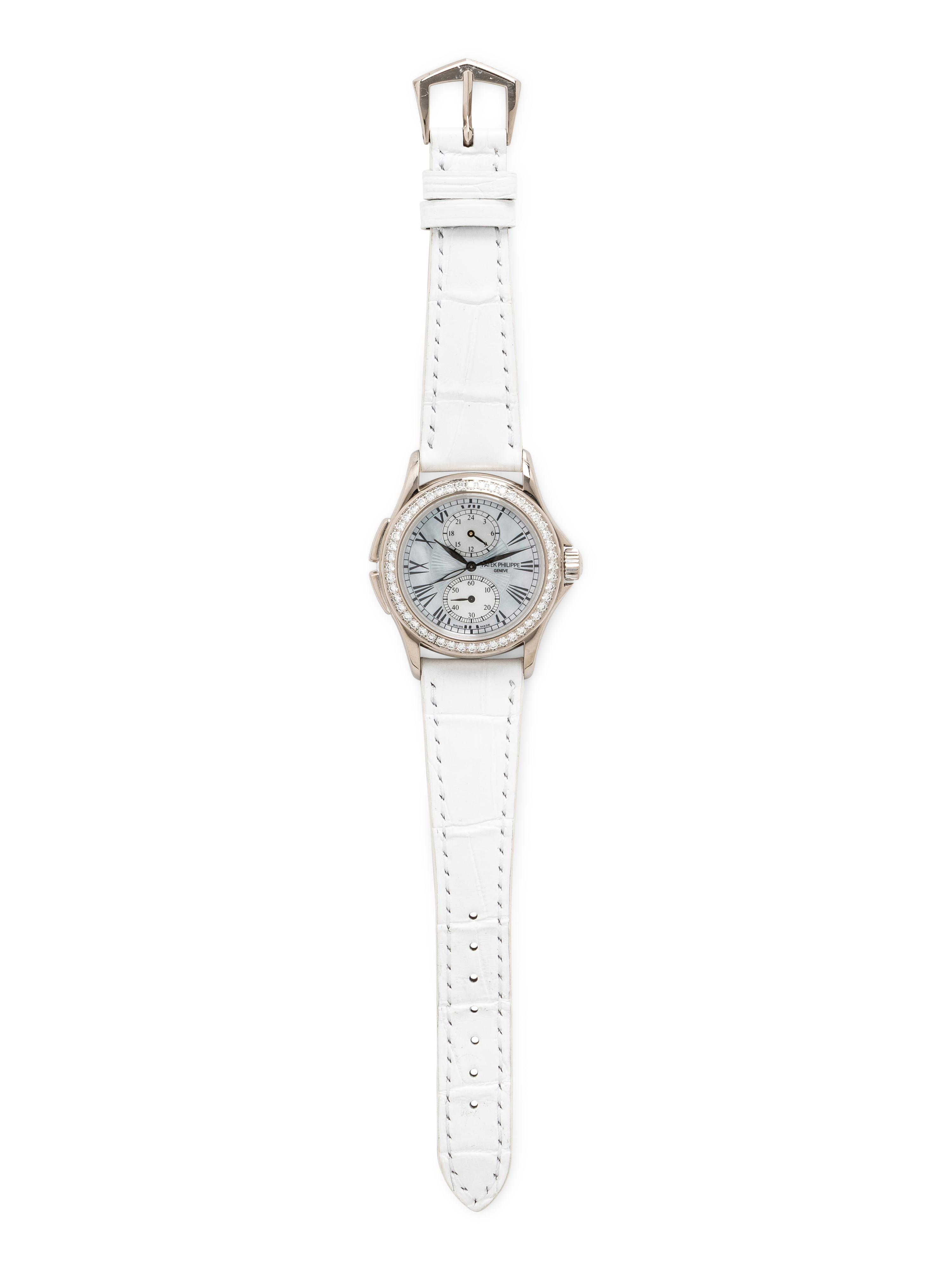 PATEK PHILIPPE, REF. 4934G 18K WHITE GOLD, MOTHER-OF-PEARL AND DIAMOND 'CALATRAVA' 'TRAVEL TIME' WATCH, WITH PATEK EXTRACT