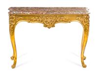 A Louis XV Style Giltwood Console Table, Height 32 x width 46 x depth 18 1/2 inches.
