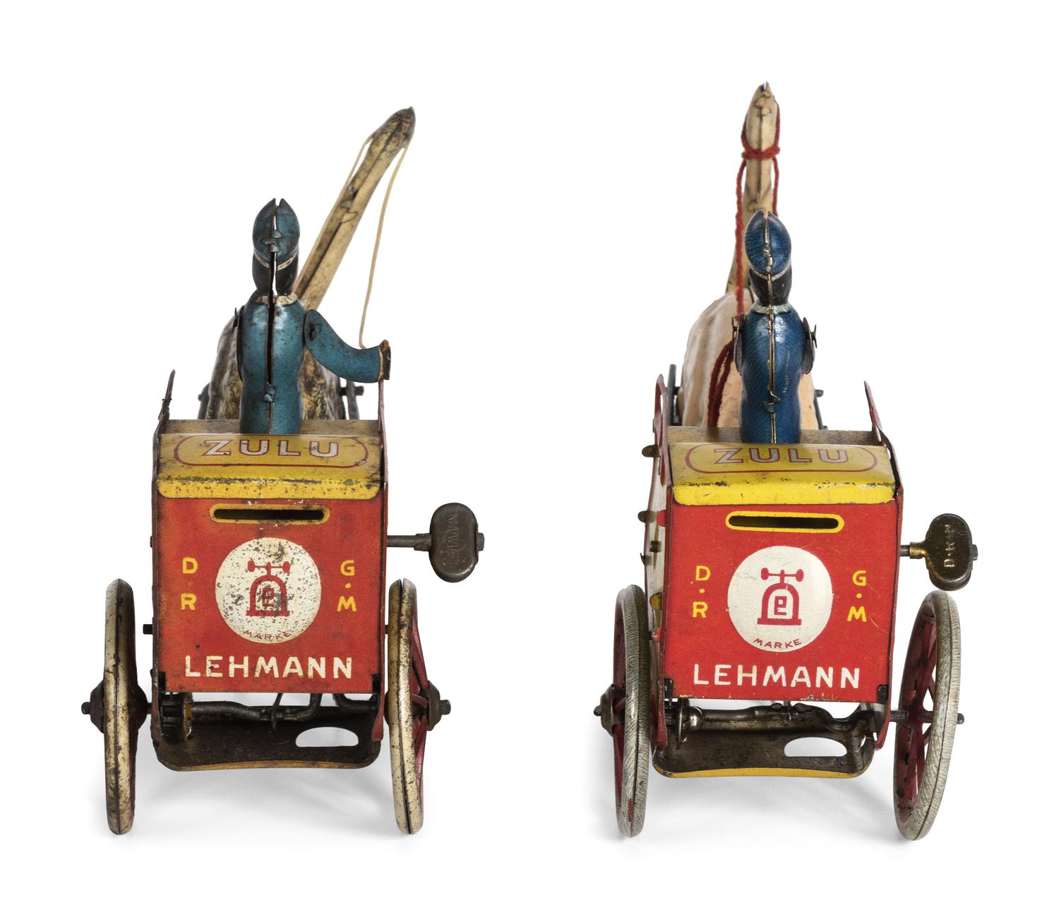 Two Lehmann 'Zulu' Tin Lithograph Ostrich Cart Windup Toys