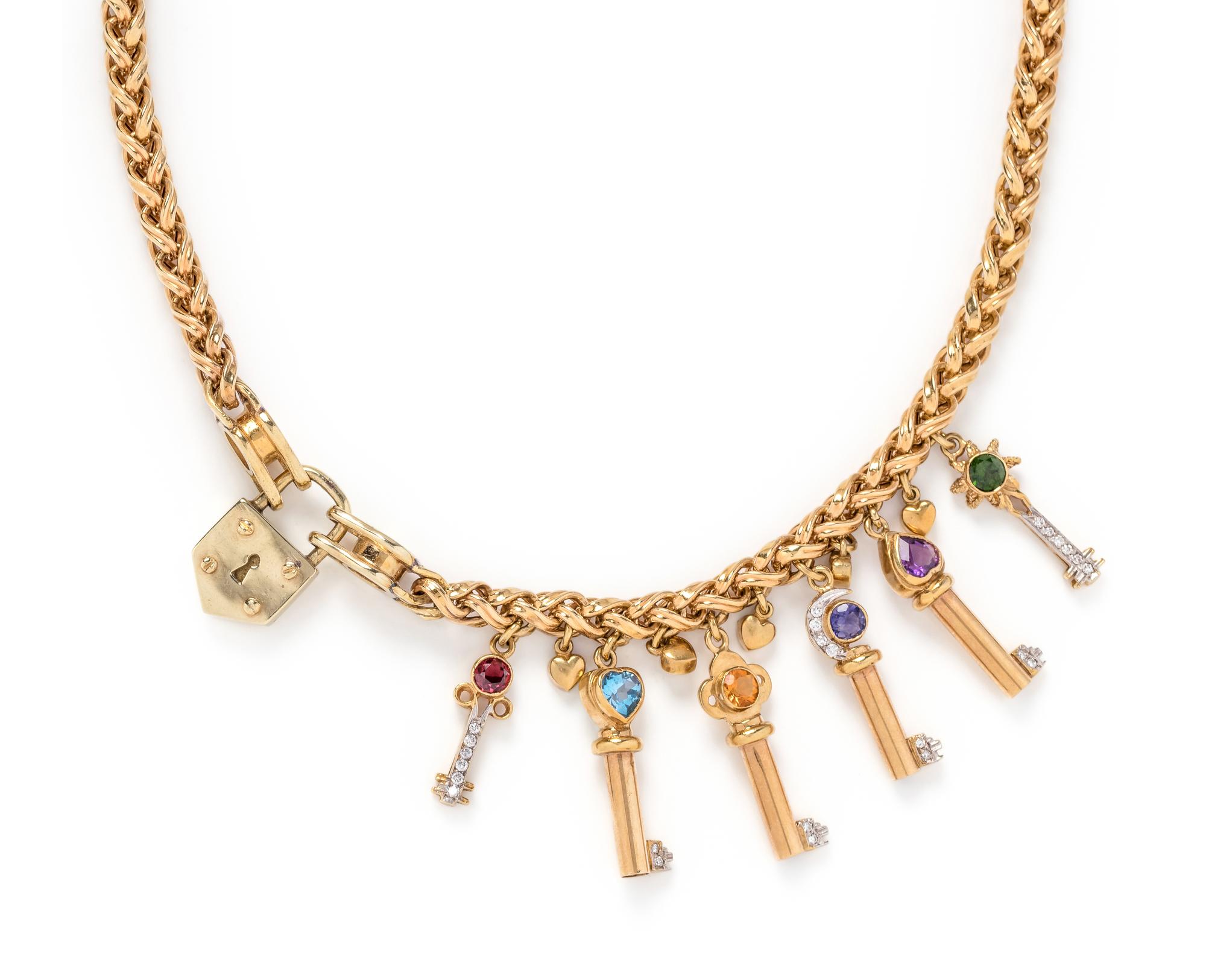 YELLOW GOLD AND MULTIGEM KEY NECKLACE
