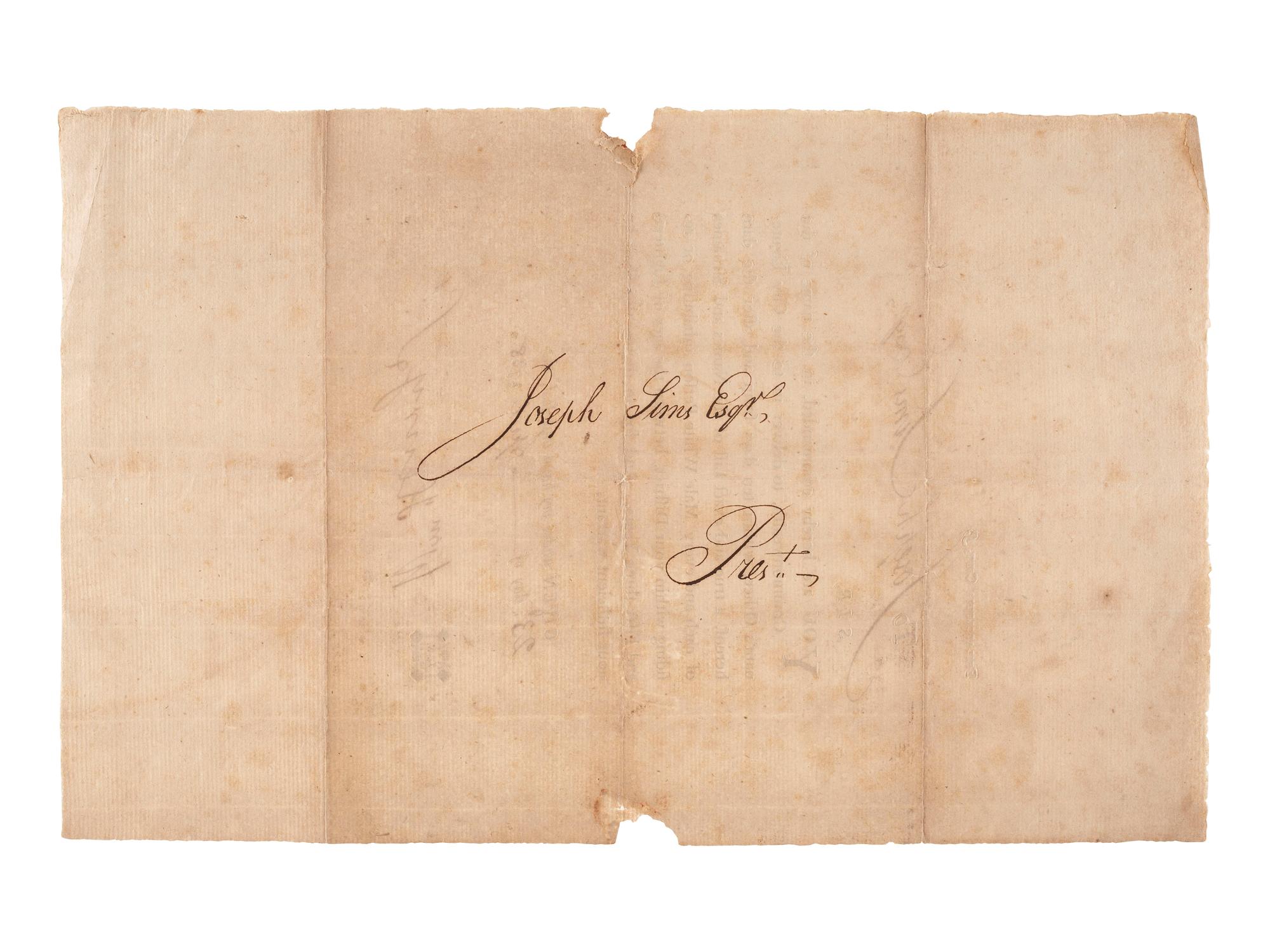 [PENNSYLVANIA]. Warrant for a list of men eligible for militia service in Philadelphia, PA. 23 April 1788.