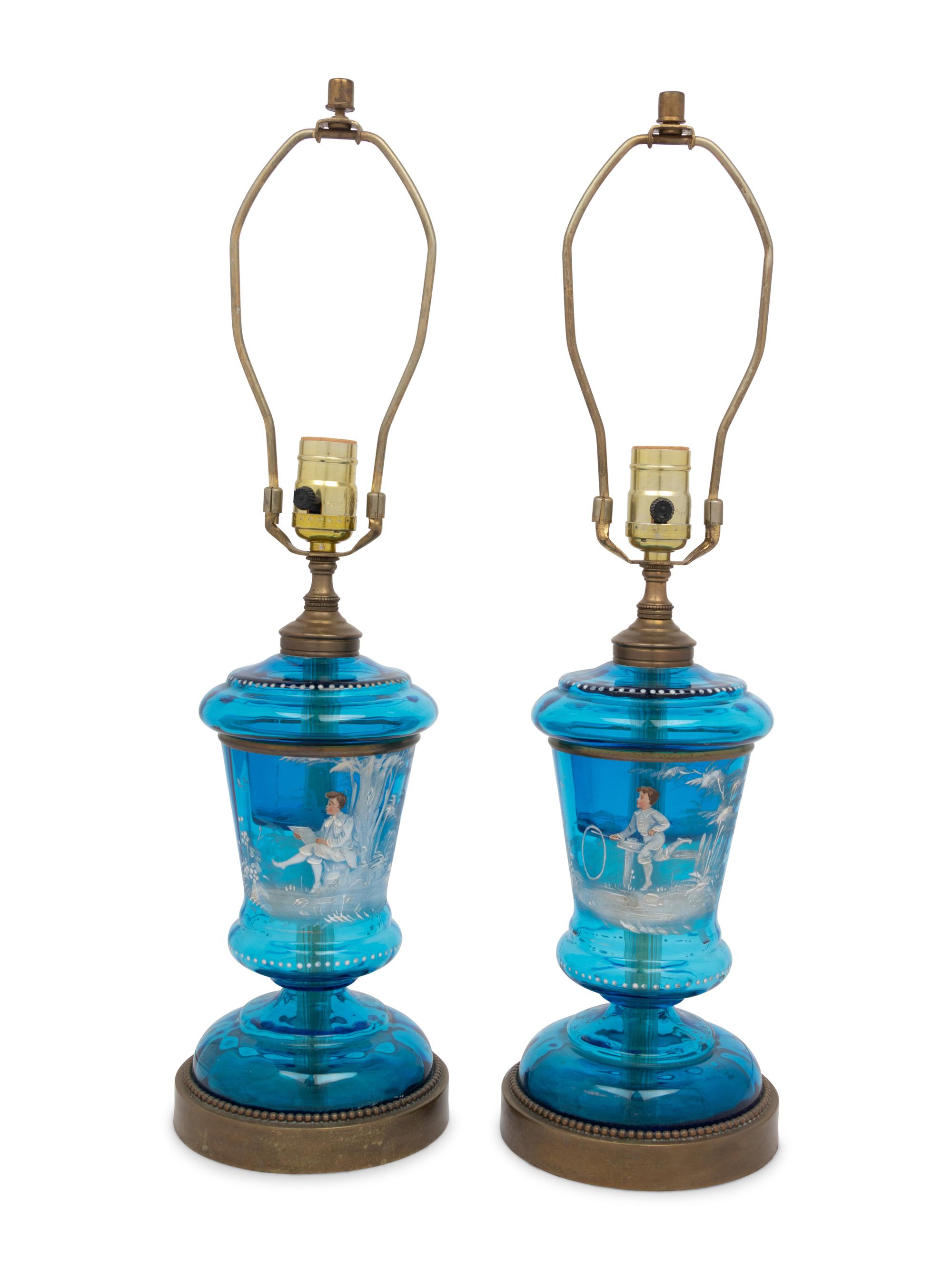 A Pair of Continental Enameled Glass Lamps