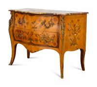 A Louis XV Style Gilt Bronze Mounted Marquetry Marble-Top Commode