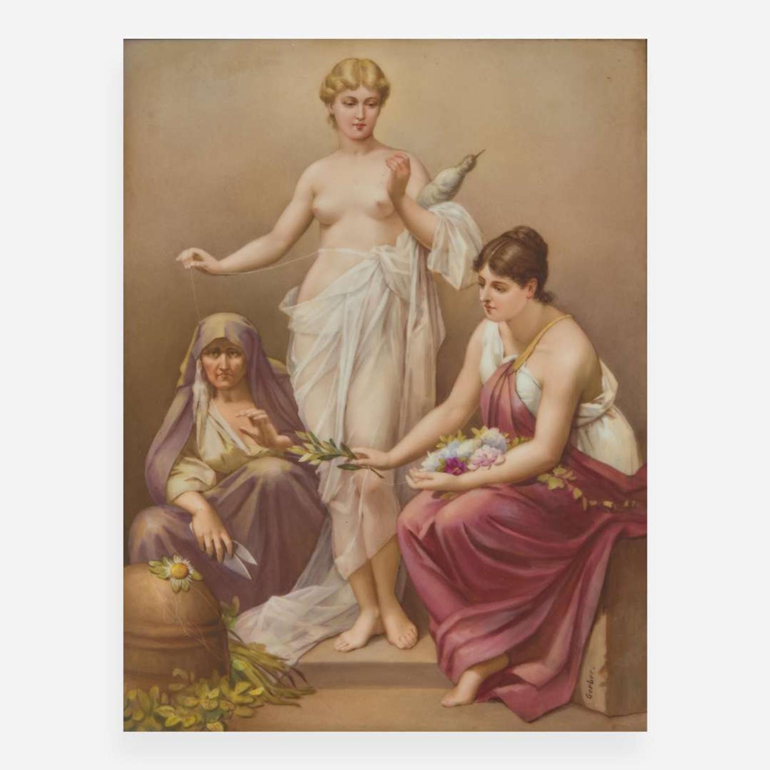 A Royal Vienna style painted porcelain plaque depicting The Fates late 19th / early 20th century