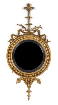 An American Federal Parcel Ebonized Giltwood Bull's Eye Mirror, 18TH/19TH CENTURY WITH LATER GILT, Height 55 x width 27 inches. — 18TH/19TH CENTURY WITH LATER GILT,