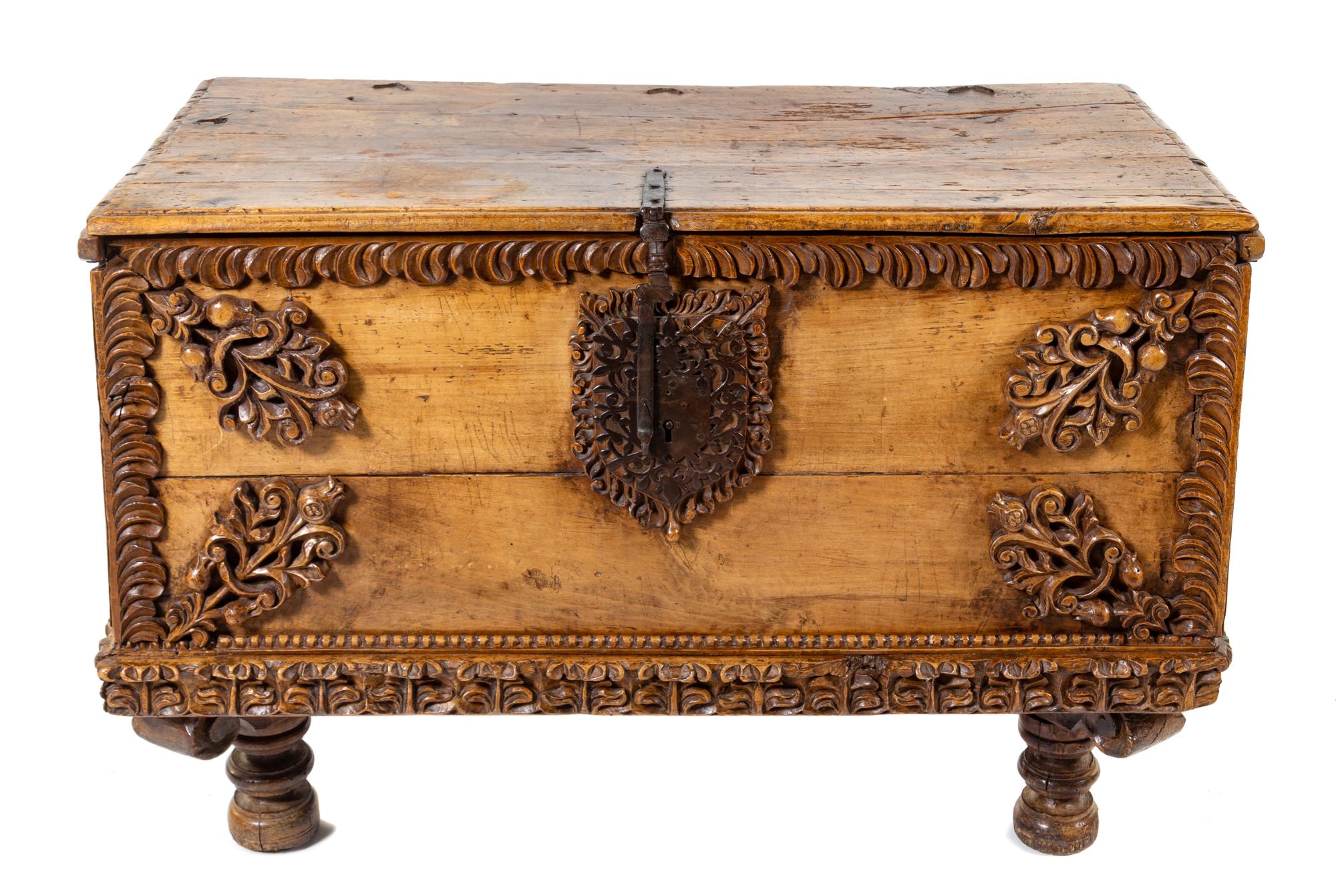 A Spanish Colonial Iron Mounted Trunk Height 31 x width 45 x depth 22 inches. — 18TH CENTURY