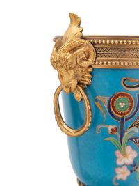 A Pair of Continental Gilt Bronze and Enamel Urns