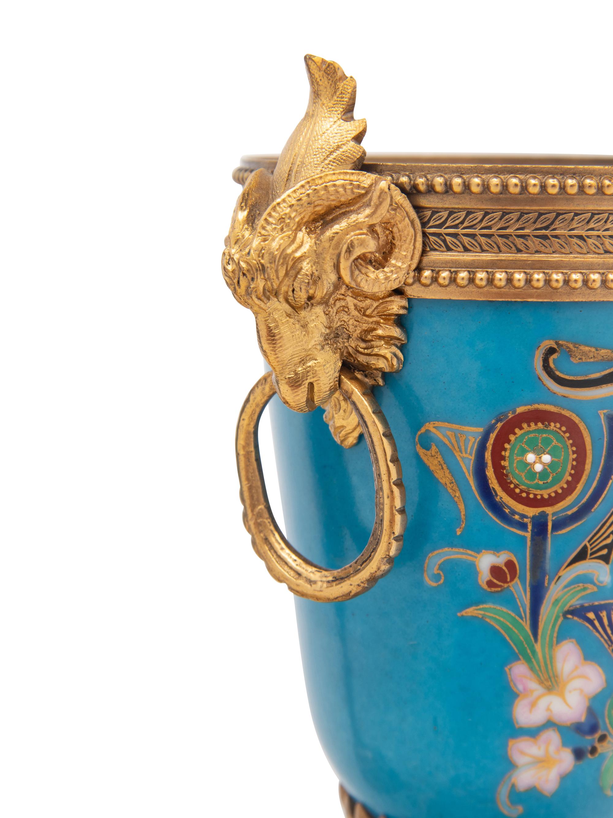 A Pair of Continental Gilt Bronze and Enamel Urns