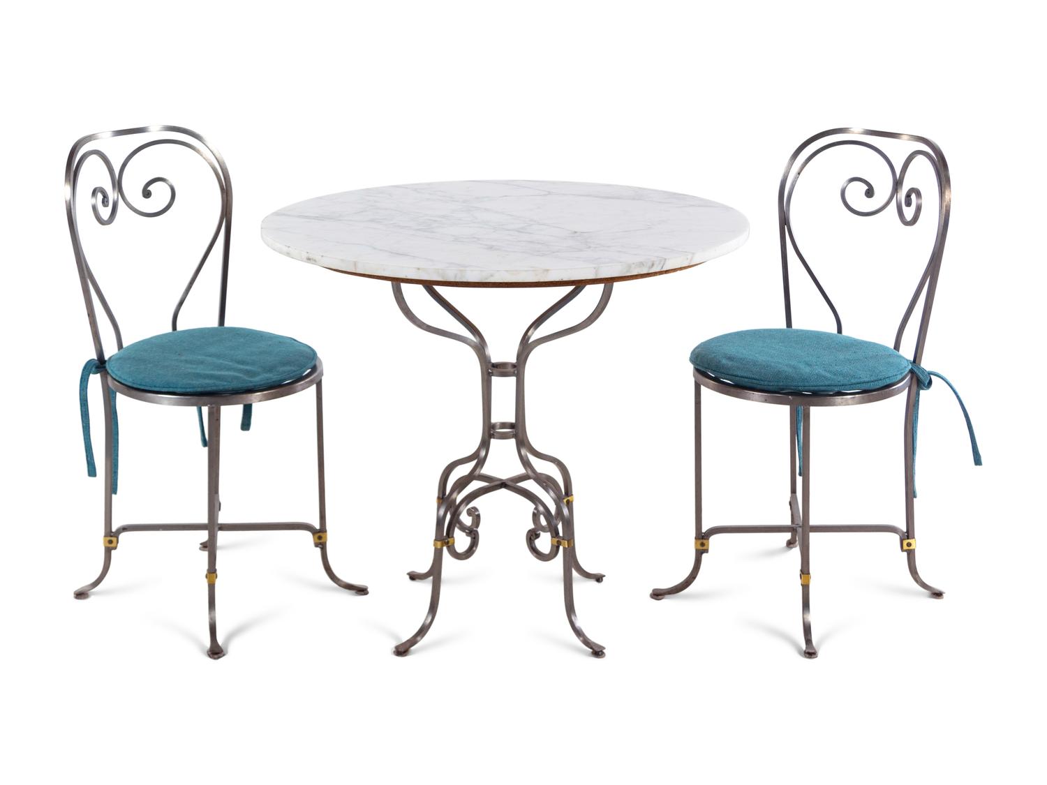 A Steel, Brass and Marble Dining Set