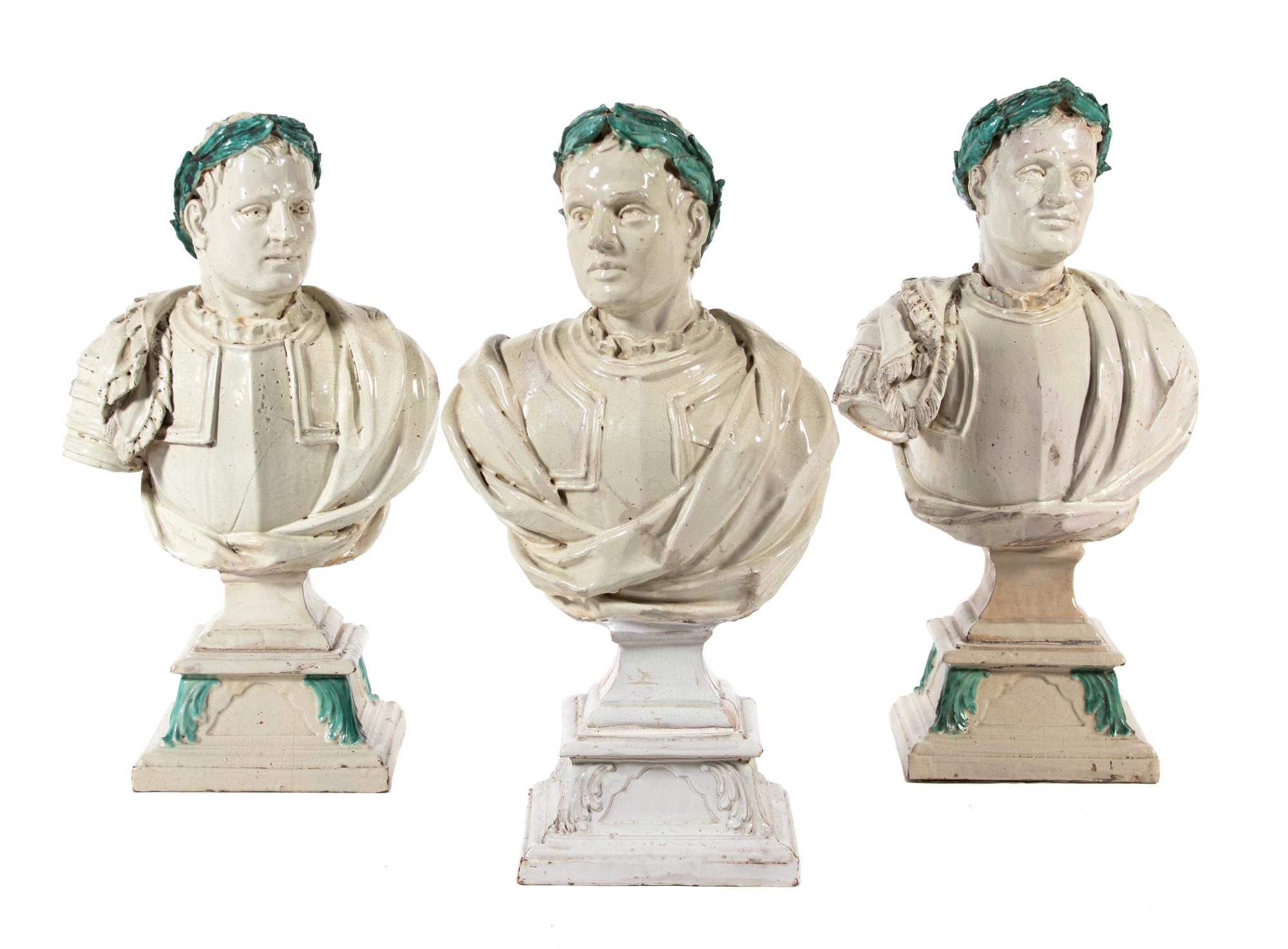 Three Italian Glazed Ceramic Caesar Style Busts Height 34 inches. — 19TH CENTURY