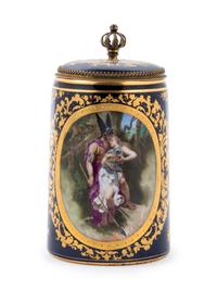 A Vienna Style Painted and Parcel Gilt Porcelain Tankard