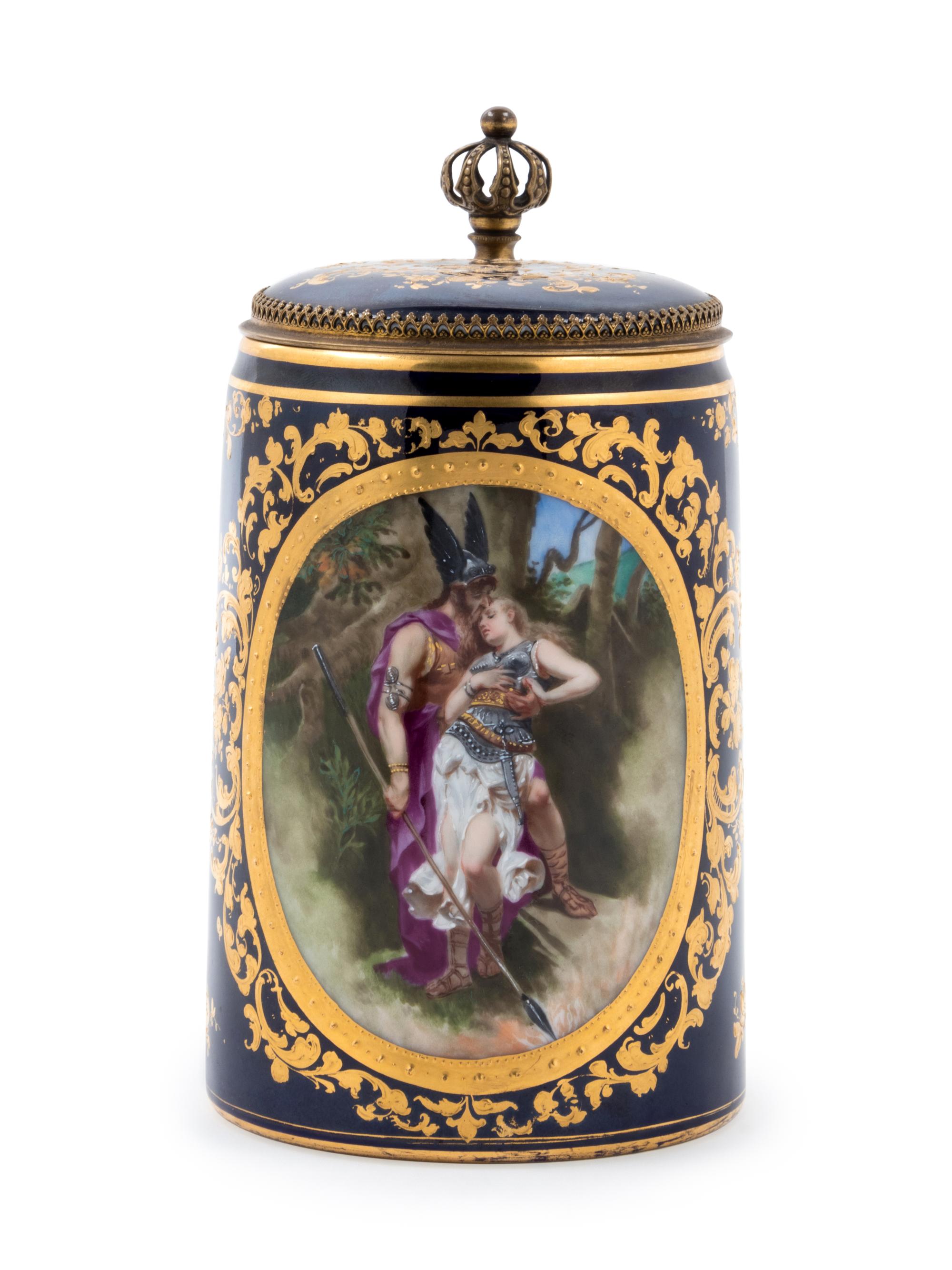 A Vienna Style Painted and Parcel Gilt Porcelain Tankard